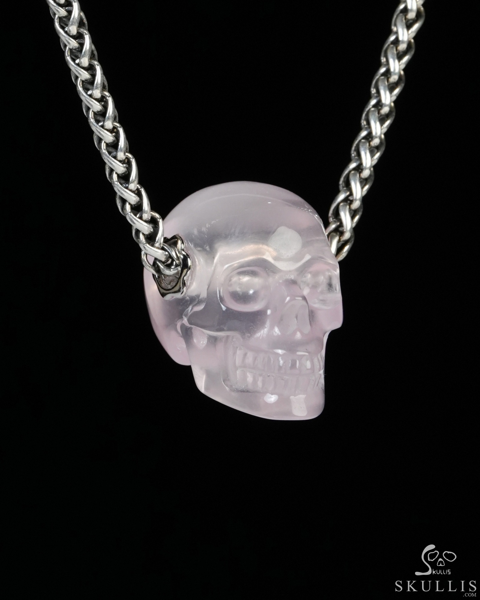 Necklace of 0.9" Rose Quartz Hand Carved Crystal Skull Pendant, Skull Jewelry Necklace of 0.9" Rose Quartz Hand Carved Crystal Skull Pendant, Skull Jewelry