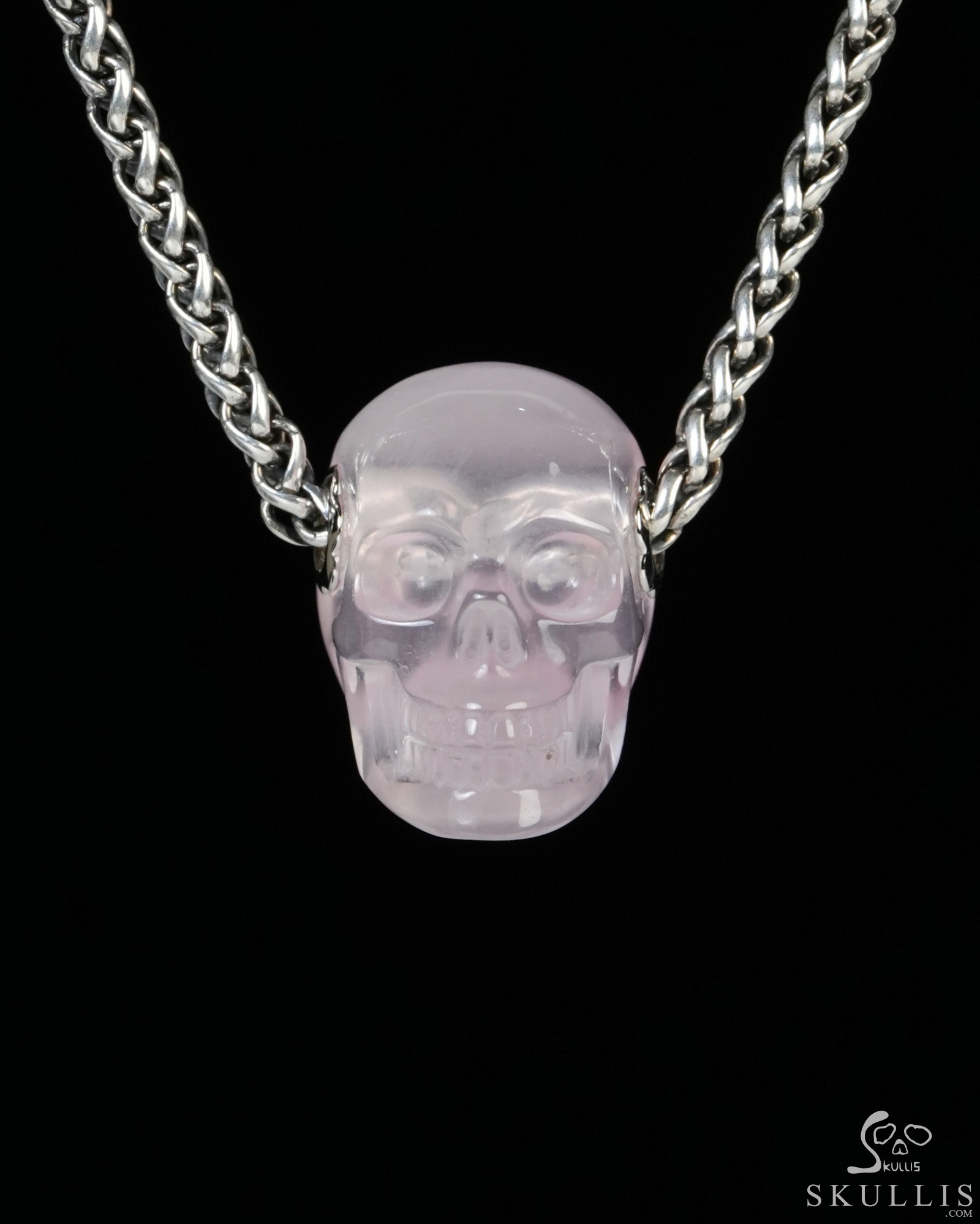 Necklace of 0.9" Rose Quartz Hand Carved Crystal Skull Pendant, Skull Jewelry Necklace of 0.9" Rose Quartz Hand Carved Crystal Skull Pendant, Skull Jewelry
