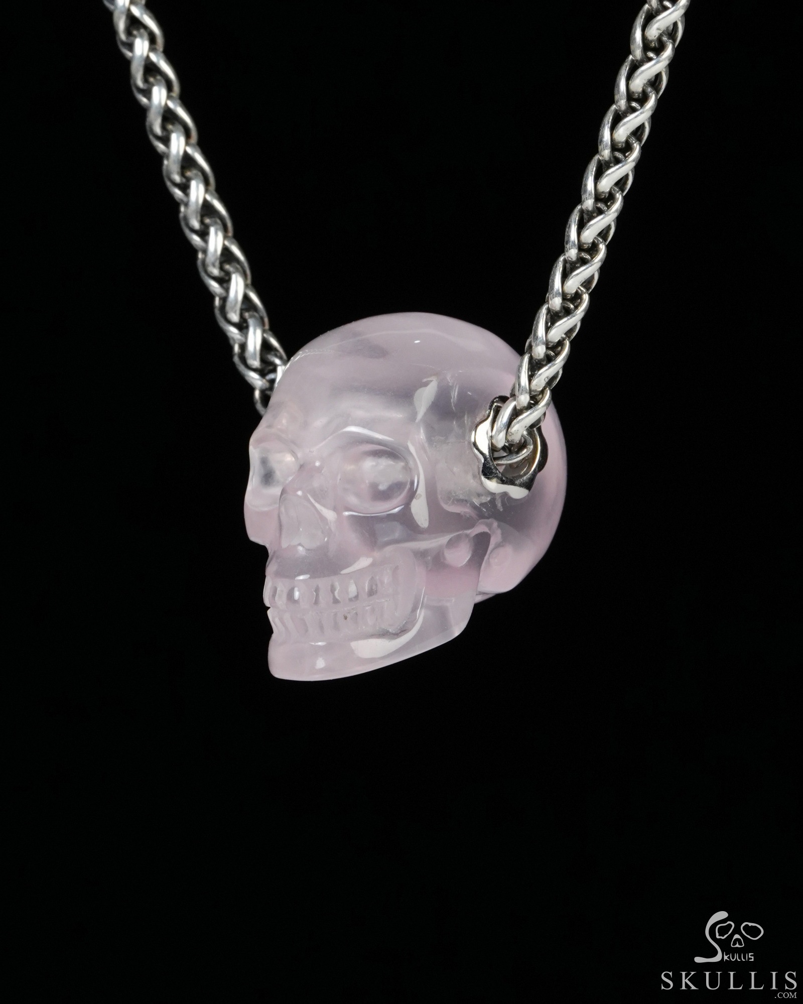 Necklace of 0.9" Rose Quartz Hand Carved Crystal Skull Pendant, Skull Jewelry Necklace of 0.9" Rose Quartz Hand Carved Crystal Skull Pendant, Skull Jewelry