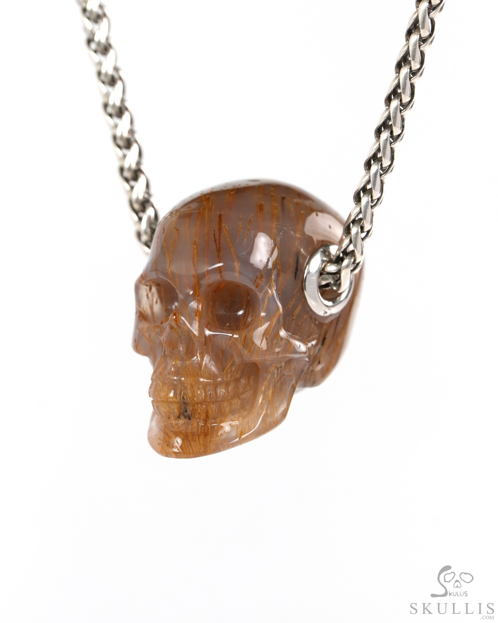 Skullis Signature 1.2" Sagenitic Agate Hand Carved Crystal Skull Pendant, Crystal Healing Skull Jewelry, for Women & Men Skullis Signature 1.2" Sagenitic Agate Hand Carved Crystal Skull Pendant, Crystal Healing Skull Jewelry, for Women & Men