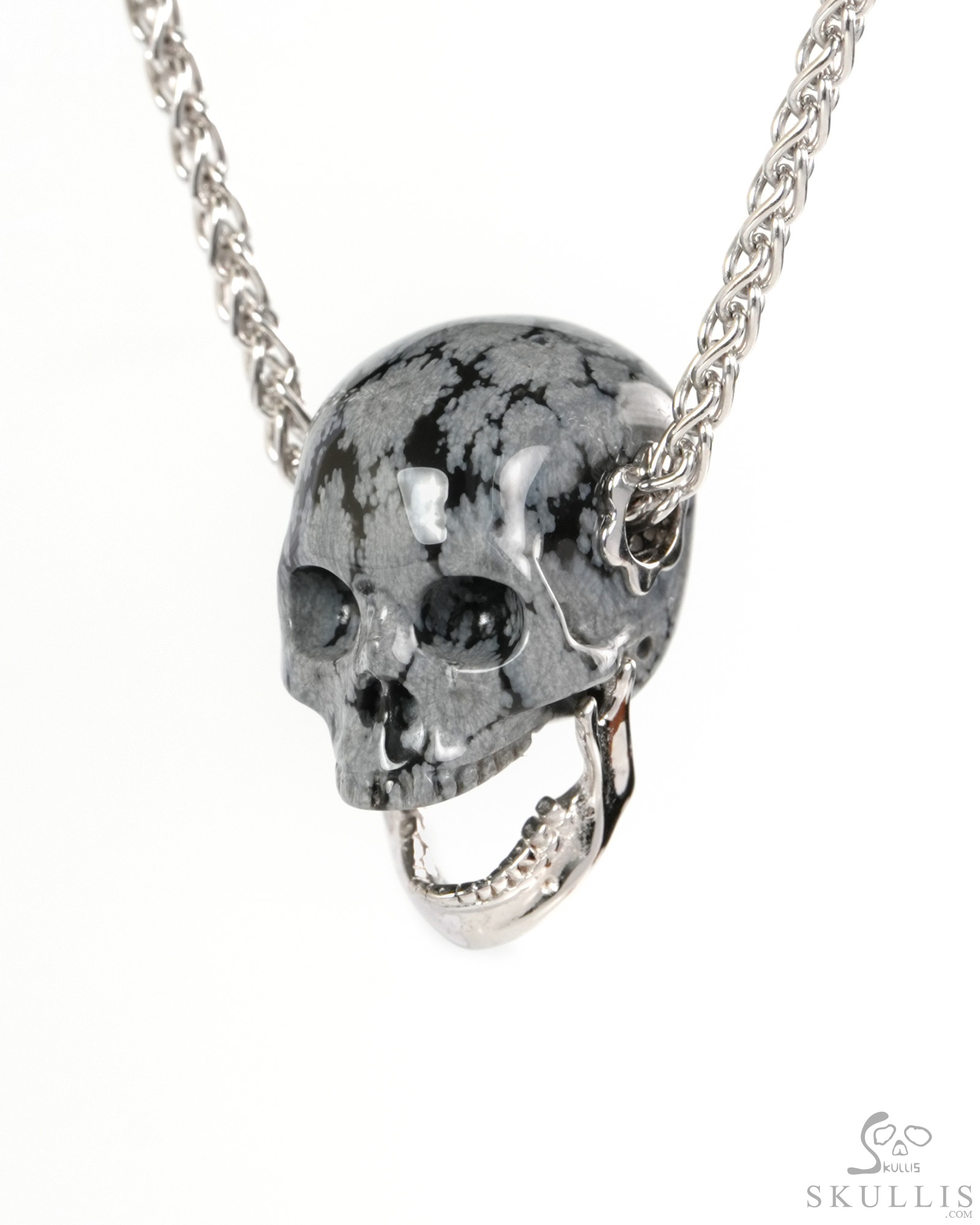 0.9" Snowflake Obsidian Hand Carved Skull with Movable Jaw in 925 Sterling Silver Pendant, Crystal Healing Skull Jewelry, for Women & Men 0.9" Snowflake Obsidian Hand Carved Skull with Movable Jaw in 925 Sterling Silver Pendant, Crystal Healing Skull Jewelry, for Women & Men