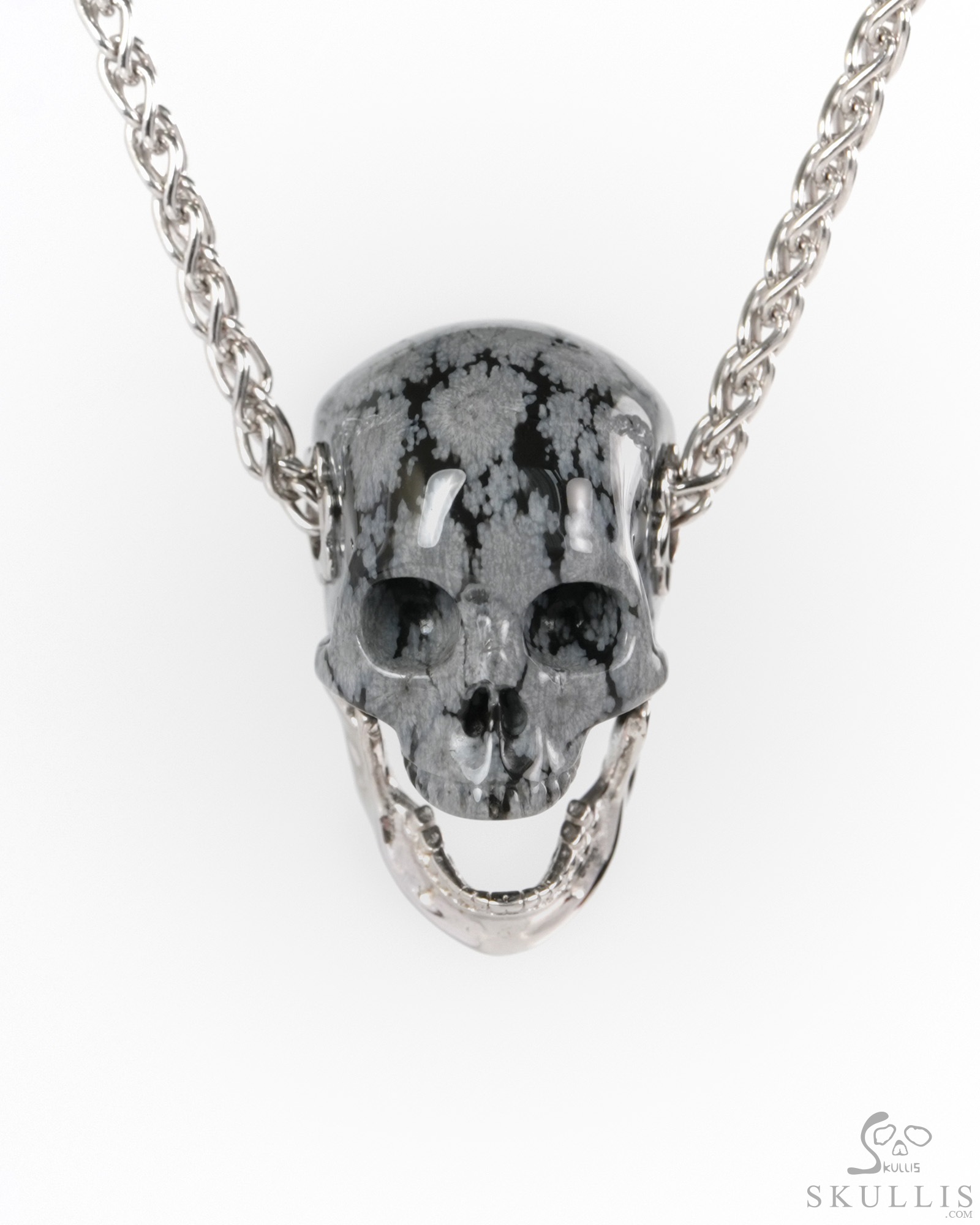 0.9" Snowflake Obsidian Hand Carved Skull with Movable Jaw in 925 Sterling Silver Pendant, Crystal Healing Skull Jewelry, for Women & Men 0.9" Snowflake Obsidian Hand Carved Skull with Movable Jaw in 925 Sterling Silver Pendant, Crystal Healing Skull Jewelry, for Women & Men