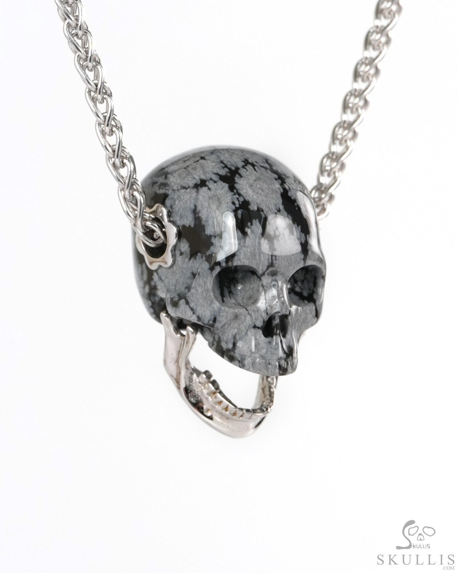 0.9" Snowflake Obsidian Hand Carved Skull with Movable Jaw in 925 Sterling Silver Pendant, Crystal Healing Skull Jewelry, for Women & Men 0.9" Snowflake Obsidian Hand Carved Skull with Movable Jaw in 925 Sterling Silver Pendant, Crystal Healing Skull Jewelry, for Women & Men