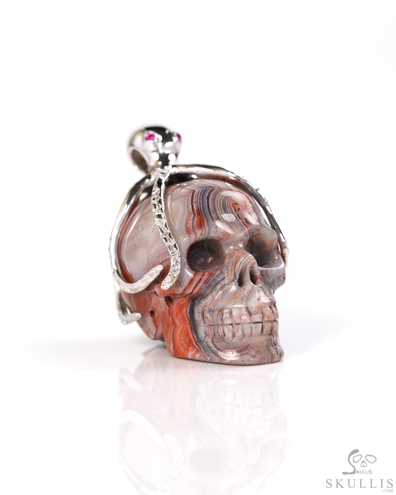 Embrace of the Abyssal Octopus - 1.6" Red Crazy Lace Agate Hand Carved Skull with 925 Sterling Silver Octopus in Ruby eyes Pendant, Skull Jewelry Embrace of the Abyssal Octopus - 1.6" Red Crazy Lace Agate Hand Carved Skull with 925 Sterling Silver Octopus in Ruby eyes Pendant, Skull Jewelry