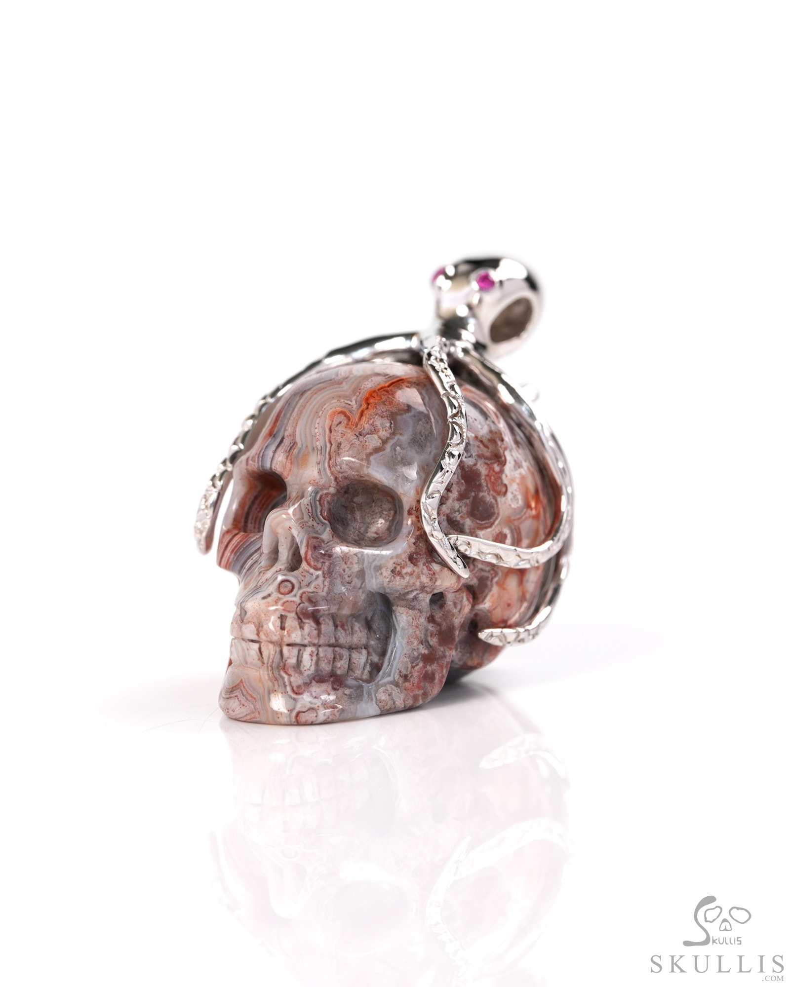 Embrace of the Abyssal Octopus - 1.6" Red Crazy Lace Agate Hand Carved Skull with 925 Sterling Silver Octopus in Ruby eyes Pendant, Skull Jewelry Embrace of the Abyssal Octopus - 1.6" Red Crazy Lace Agate Hand Carved Skull with 925 Sterling Silver Octopus in Ruby eyes Pendant, Skull Jewelry