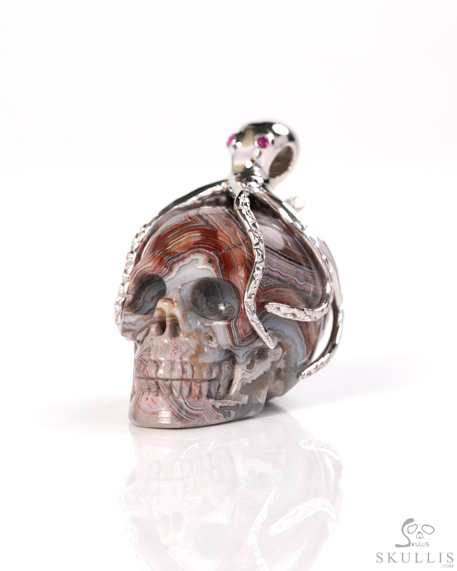 Embrace of the Abyssal Octopus - 1.6" Red Crazy Lace Agate Hand Carved Crystal Skull Pendant, Crystal Healing Skull Jewelry, for Women & Men Embrace of the Abyssal Octopus - 1.6" Red Crazy Lace Agate Hand Carved Crystal Skull Pendant, Crystal Healing Skull Jewelry, for Women & Men