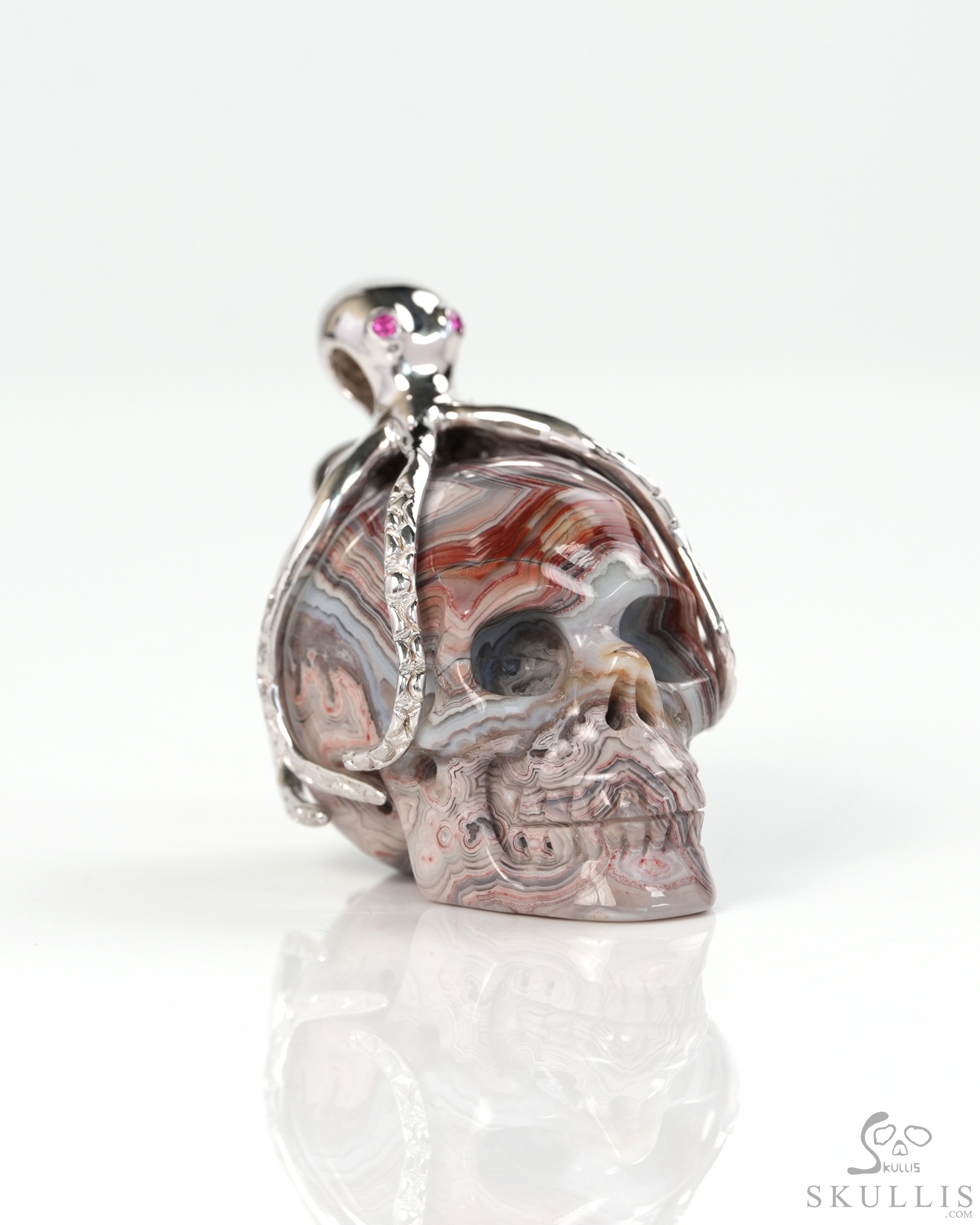 Embrace of the Abyssal Octopus - 1.6" Red Crazy Lace Agate Hand Carved Crystal Skull Pendant, Crystal Healing Skull Jewelry, for Women & Men Embrace of the Abyssal Octopus - 1.6" Red Crazy Lace Agate Hand Carved Crystal Skull Pendant, Crystal Healing Skull Jewelry, for Women & Men