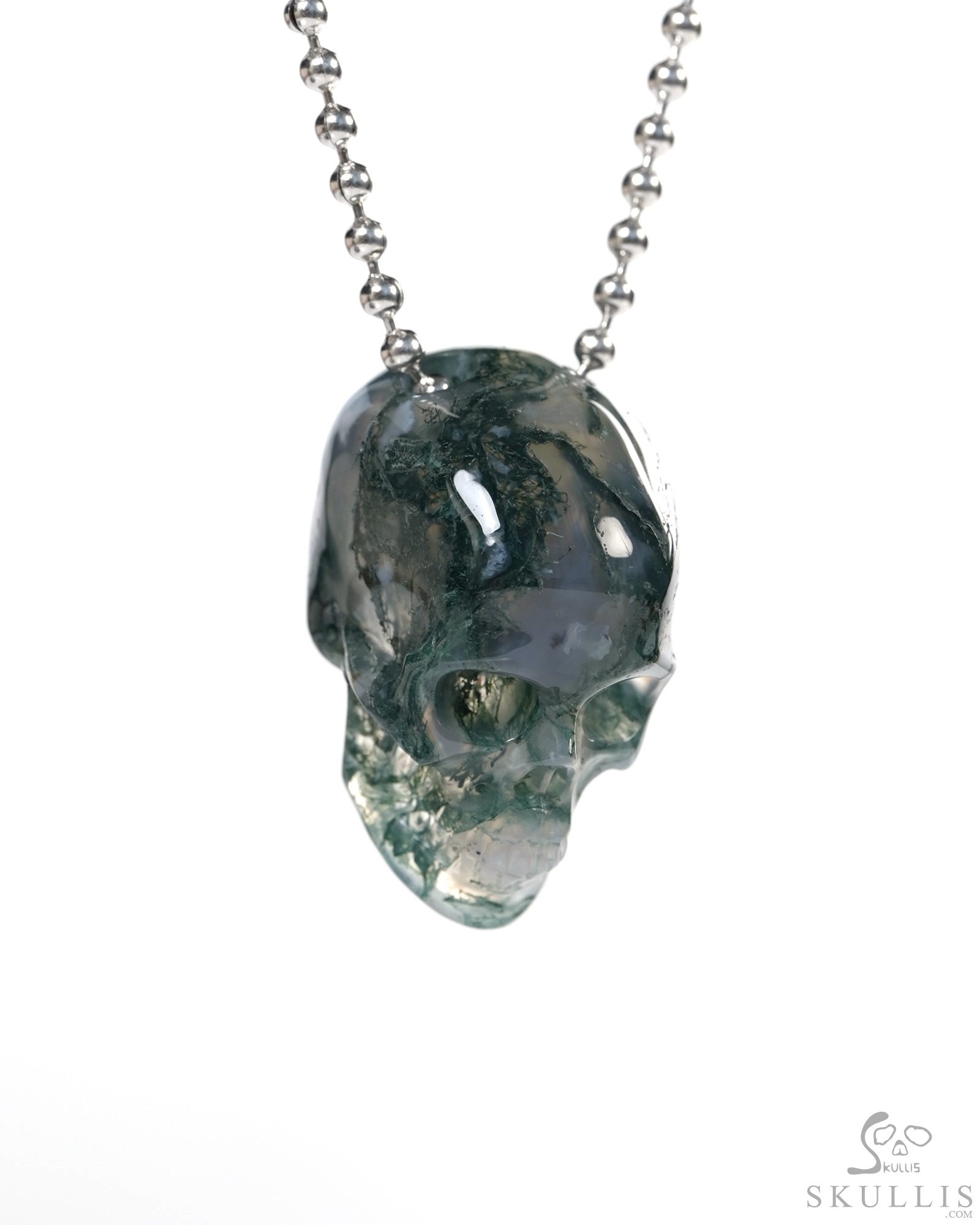 Hollow Essence - Necklace of 1.4" Green Moss Agate Hand Carved Crystal Skull Pendant, Skull Jewelry Hollow Essence - Necklace of 1.4" Green Moss Agate Hand Carved Crystal Skull Pendant, Skull Jewelry