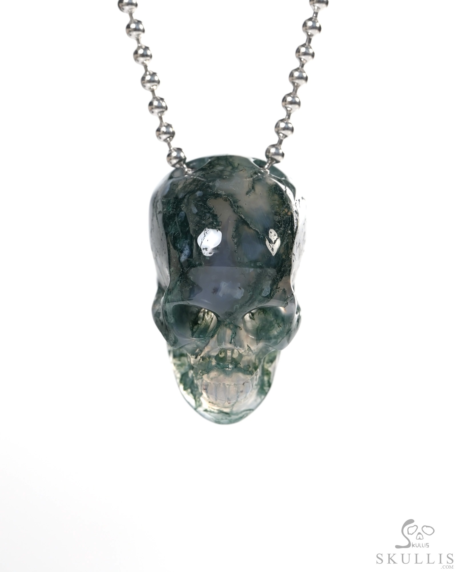 Hollow Essence - Necklace of 1.4" Green Moss Agate Hand Carved Crystal Skull Pendant, Skull Jewelry Hollow Essence - Necklace of 1.4" Green Moss Agate Hand Carved Crystal Skull Pendant, Skull Jewelry