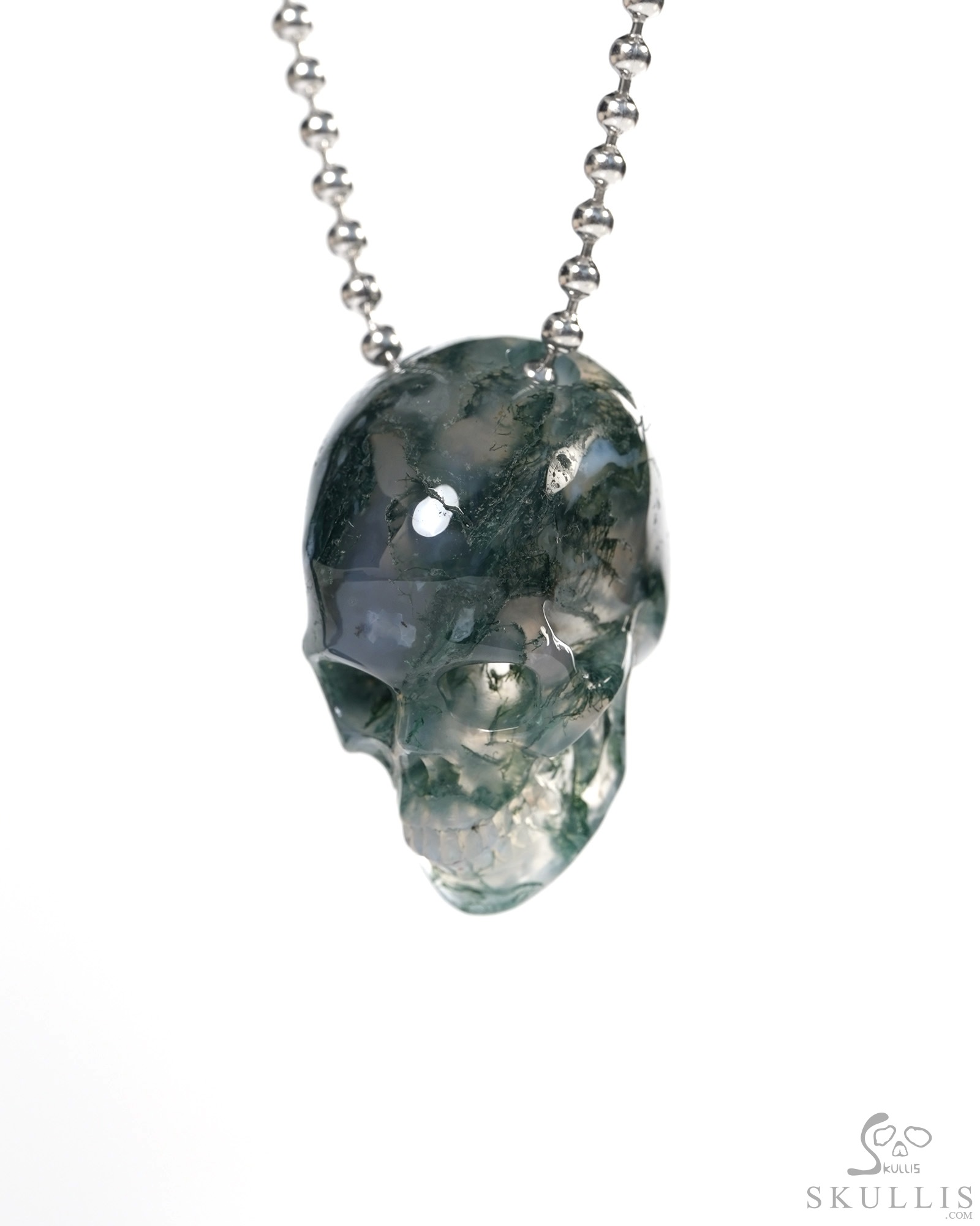 Hollow Essence - Necklace of 1.4" Green Moss Agate Hand Carved Crystal Skull Pendant, Skull Jewelry Hollow Essence - Necklace of 1.4" Green Moss Agate Hand Carved Crystal Skull Pendant, Skull Jewelry