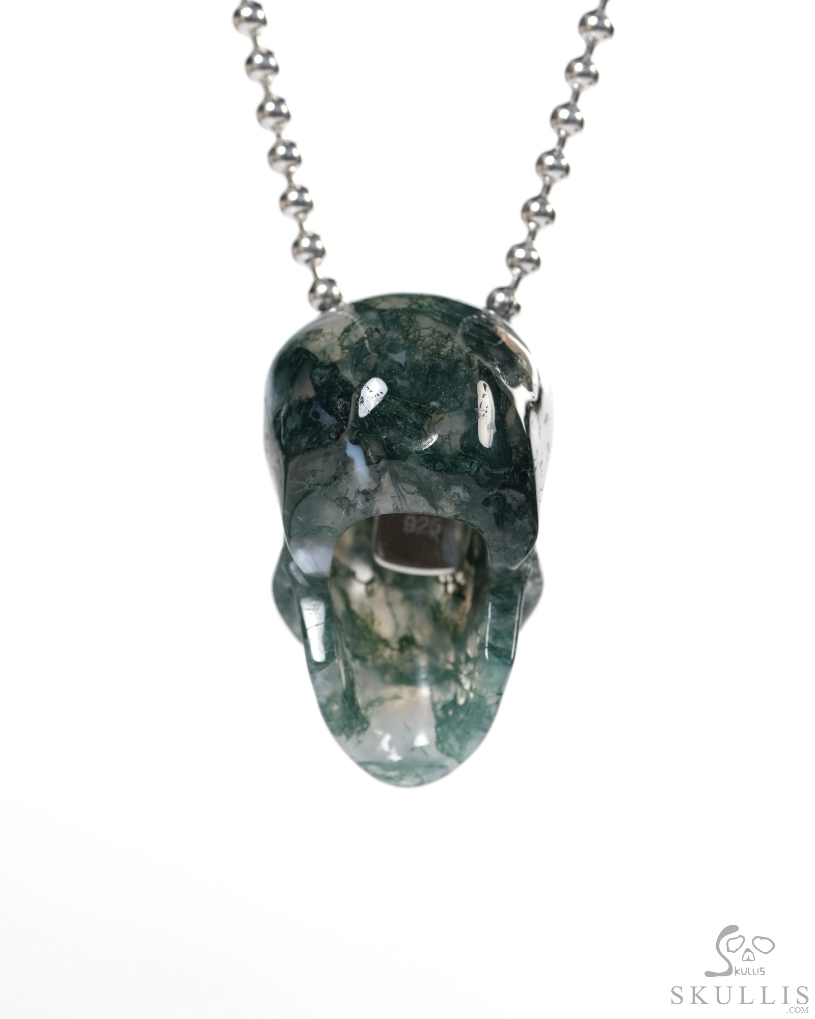 Hollow Essence - Necklace of 1.4" Green Moss Agate Hand Carved Crystal Skull Pendant, Skull Jewelry Hollow Essence - Necklace of 1.4" Green Moss Agate Hand Carved Crystal Skull Pendant, Skull Jewelry