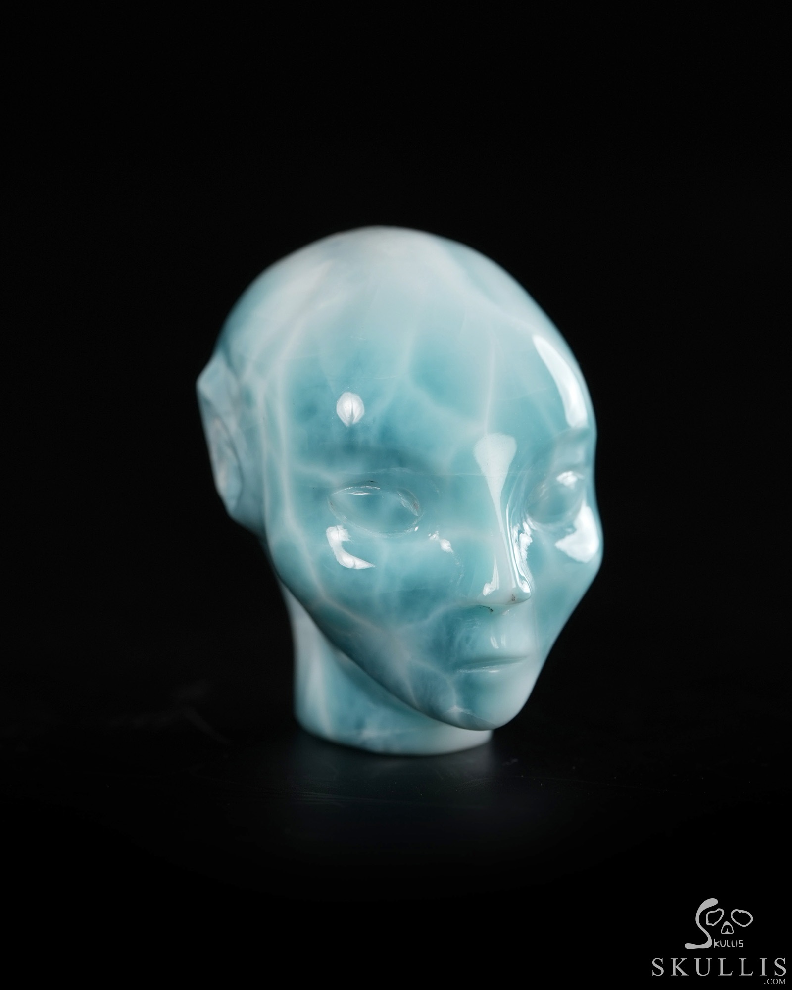 Gemstone 1.3" Larimar Hand Carved Fairy Elf Alien Crystal Skull Companion Sculpture, Crystal Healing Gemstone 1.3" Larimar Hand Carved Fairy Elf Alien Crystal Skull Companion Sculpture, Crystal Healing