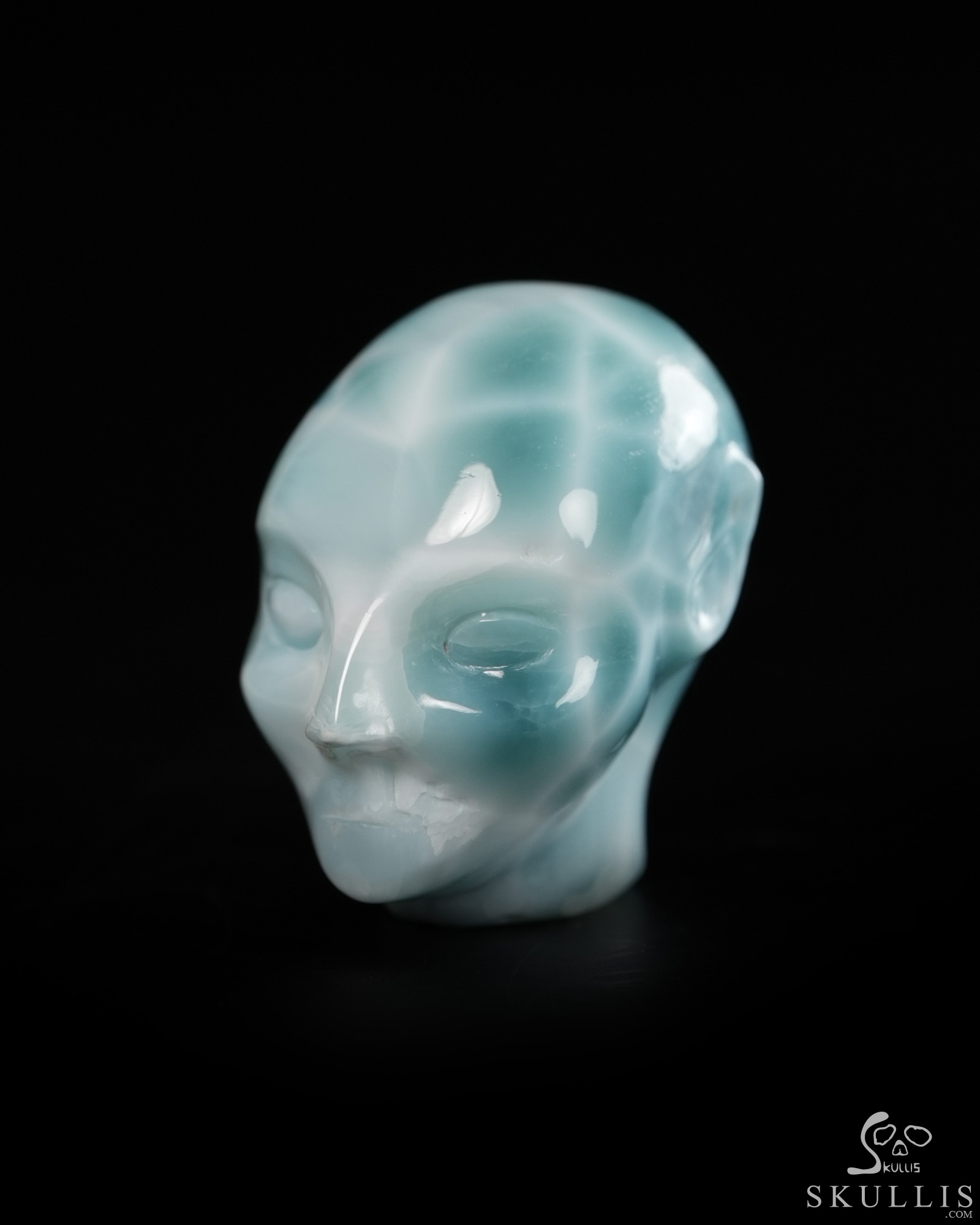 Gemstone 1.1" Larimar Hand Carved Fairy Elf Alien Crystal Skull Companion Sculpture, Crystal Healing Gemstone 1.1" Larimar Hand Carved Fairy Elf Alien Crystal Skull Companion Sculpture, Crystal Healing