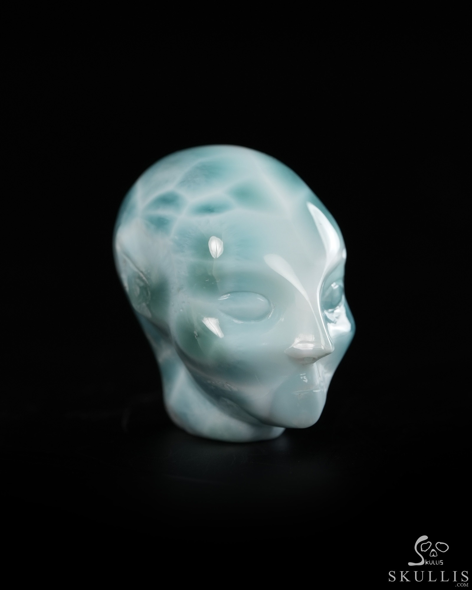 Gemstone 1.1" Larimar Hand Carved Fairy Elf Alien Crystal Skull Companion Sculpture, Crystal Healing Gemstone 1.1" Larimar Hand Carved Fairy Elf Alien Crystal Skull Companion Sculpture, Crystal Healing