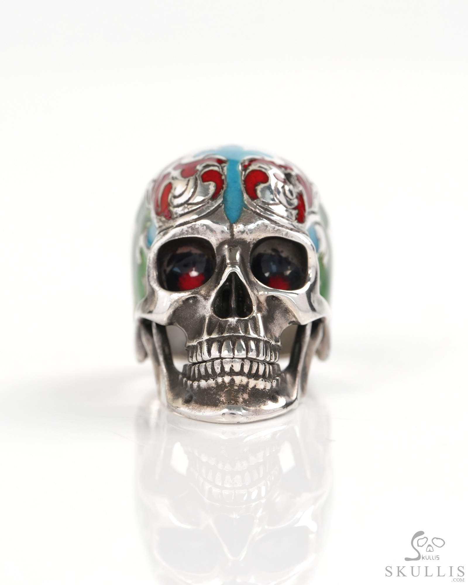 Vein of Life - US size 8 Gem Skull Ring of Cloisonné with 925 Sterling Silver Carved Skull, Skull Jewelry, for Women & Men Vein of Life - US size 8 Gem Skull Ring of Cloisonné with 925 Sterling Silver Carved Skull, Skull Jewelry, for Women & Men