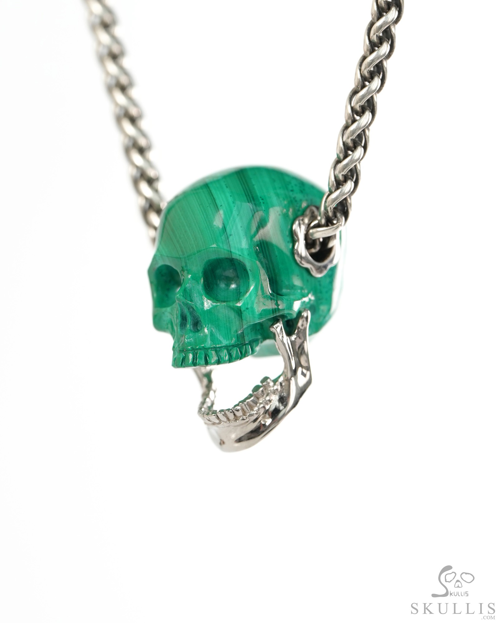 Gemstone Necklace of 0.9" Malachite Hand Carved Skull with Movable Jaw in 925 Sterling Silver Pendant, Crystal Healing Skull Jewelry, for Women & Men Gemstone Necklace of 0.9" Malachite Hand Carved Skull with Movable Jaw in 925 Sterling Silver Pendant, Crystal Healing Skull Jewelry, for Women & Men