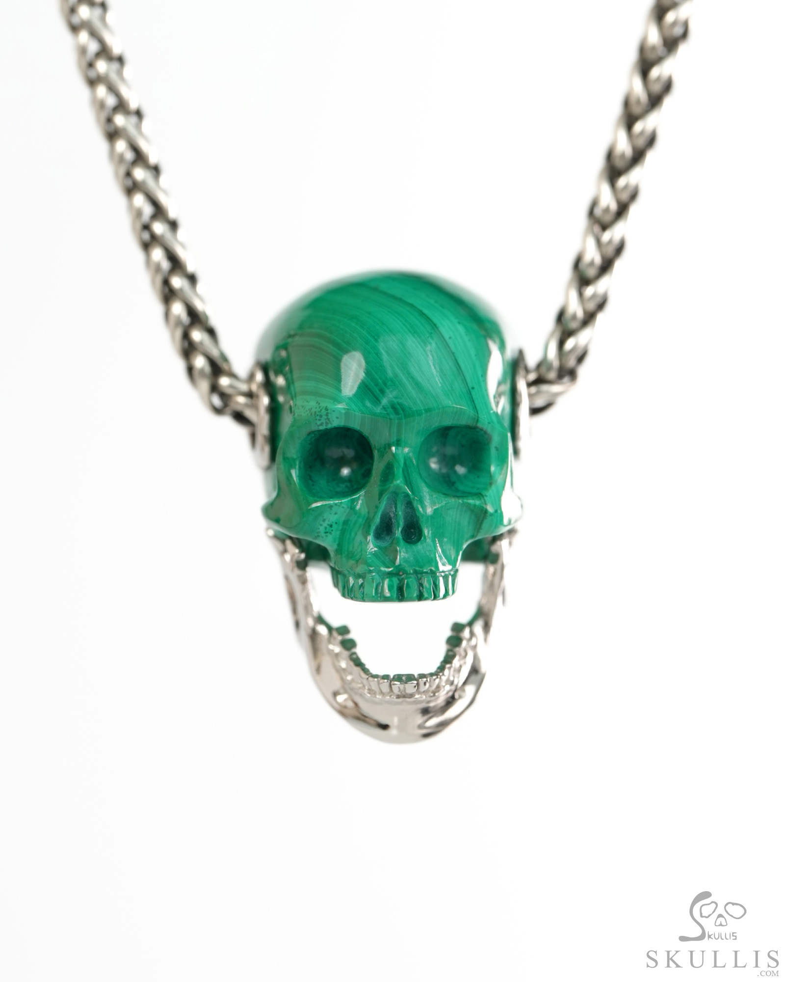 Gemstone Necklace of 0.9" Malachite Hand Carved Skull with Movable Jaw in 925 Sterling Silver Pendant, Crystal Healing Skull Jewelry, for Women & Men Gemstone Necklace of 0.9" Malachite Hand Carved Skull with Movable Jaw in 925 Sterling Silver Pendant, Crystal Healing Skull Jewelry, for Women & Men