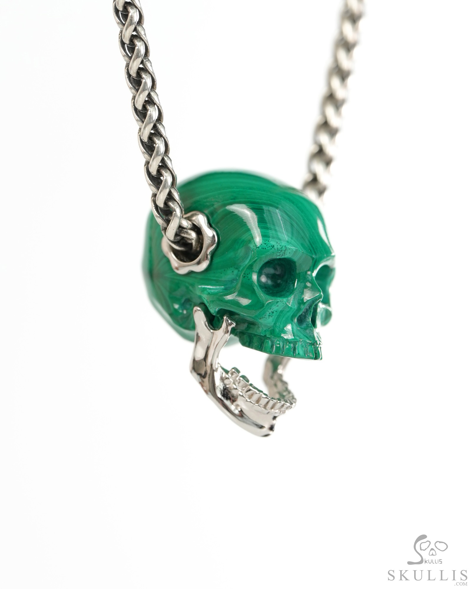 Gemstone Necklace of 0.9" Malachite Hand Carved Skull with Movable Jaw in 925 Sterling Silver Pendant, Crystal Healing Skull Jewelry, for Women & Men Gemstone Necklace of 0.9" Malachite Hand Carved Skull with Movable Jaw in 925 Sterling Silver Pendant, Crystal Healing Skull Jewelry, for Women & Men