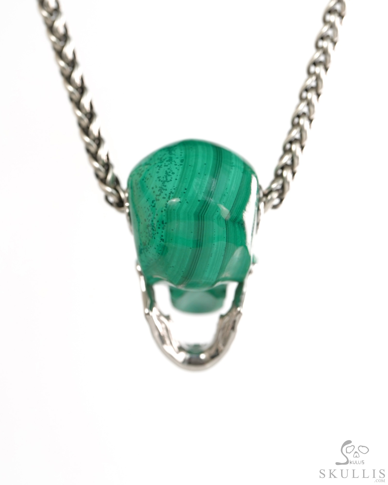 Gemstone Necklace of 0.9" Malachite Hand Carved Skull with Movable Jaw in 925 Sterling Silver Pendant, Crystal Healing Skull Jewelry, for Women & Men Gemstone Necklace of 0.9" Malachite Hand Carved Skull with Movable Jaw in 925 Sterling Silver Pendant, Crystal Healing Skull Jewelry, for Women & Men