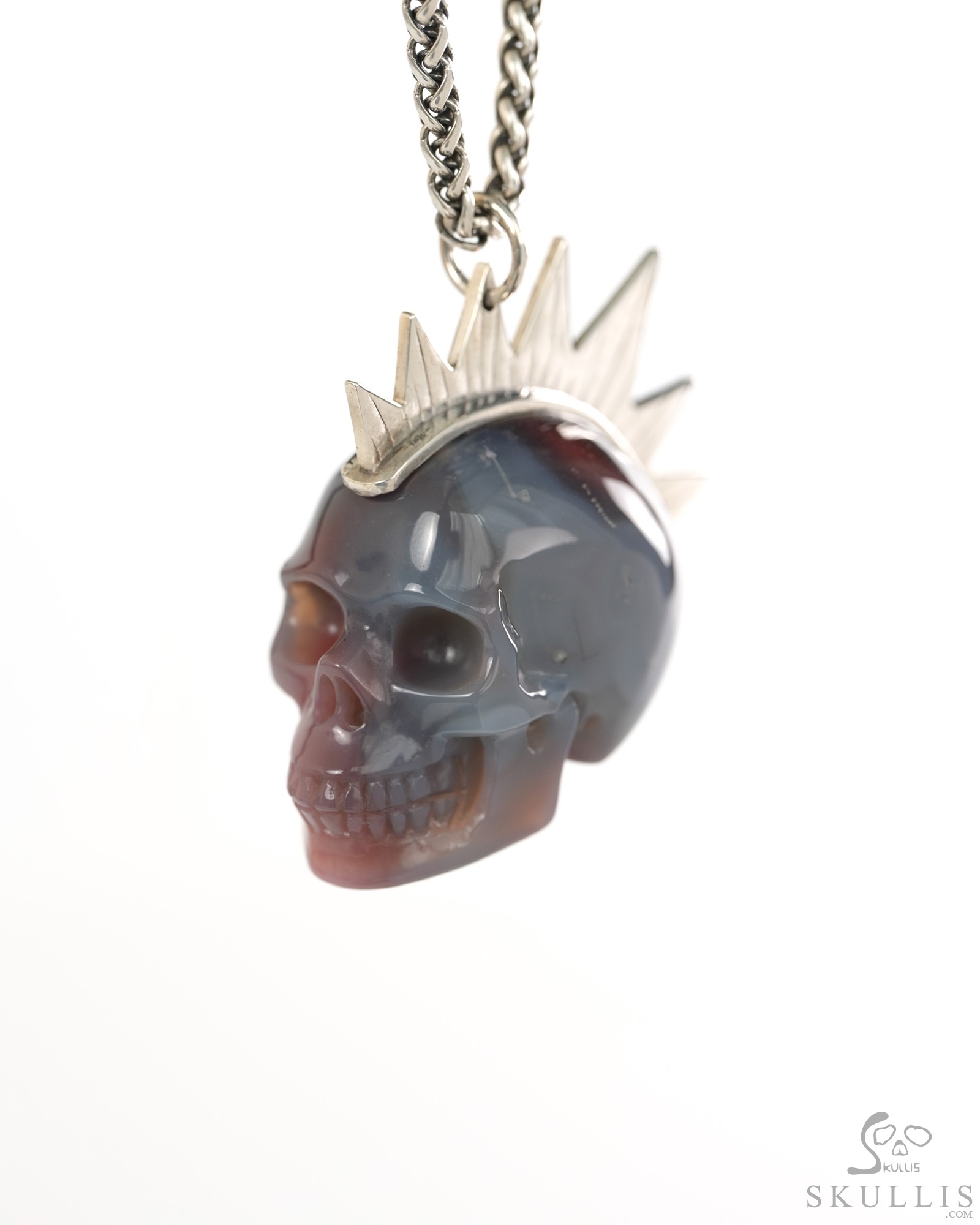 1.8" Mozambique Agate Hand Carved Crystal Skull with Punk Hair in Sterling Silver Pendant, Crystal Healing Skull Jewelry, for Women & Men 1.8" Mozambique Agate Hand Carved Crystal Skull with Punk Hair in Sterling Silver Pendant, Crystal Healing Skull Jewelry, for Women & Men
