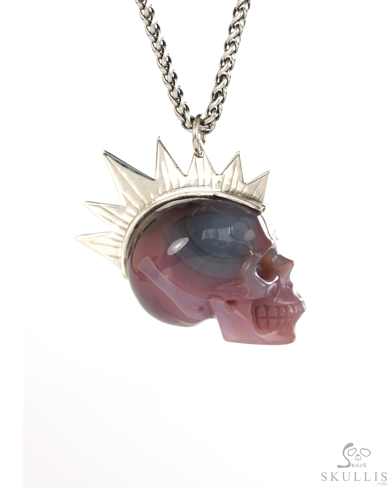 1.8" Mozambique Agate Hand Carved Crystal Skull with Punk Hair in Sterling Silver Pendant, Crystal Healing Skull Jewelry, for Women & Men 1.8" Mozambique Agate Hand Carved Crystal Skull with Punk Hair in Sterling Silver Pendant, Crystal Healing Skull Jewelry, for Women & Men