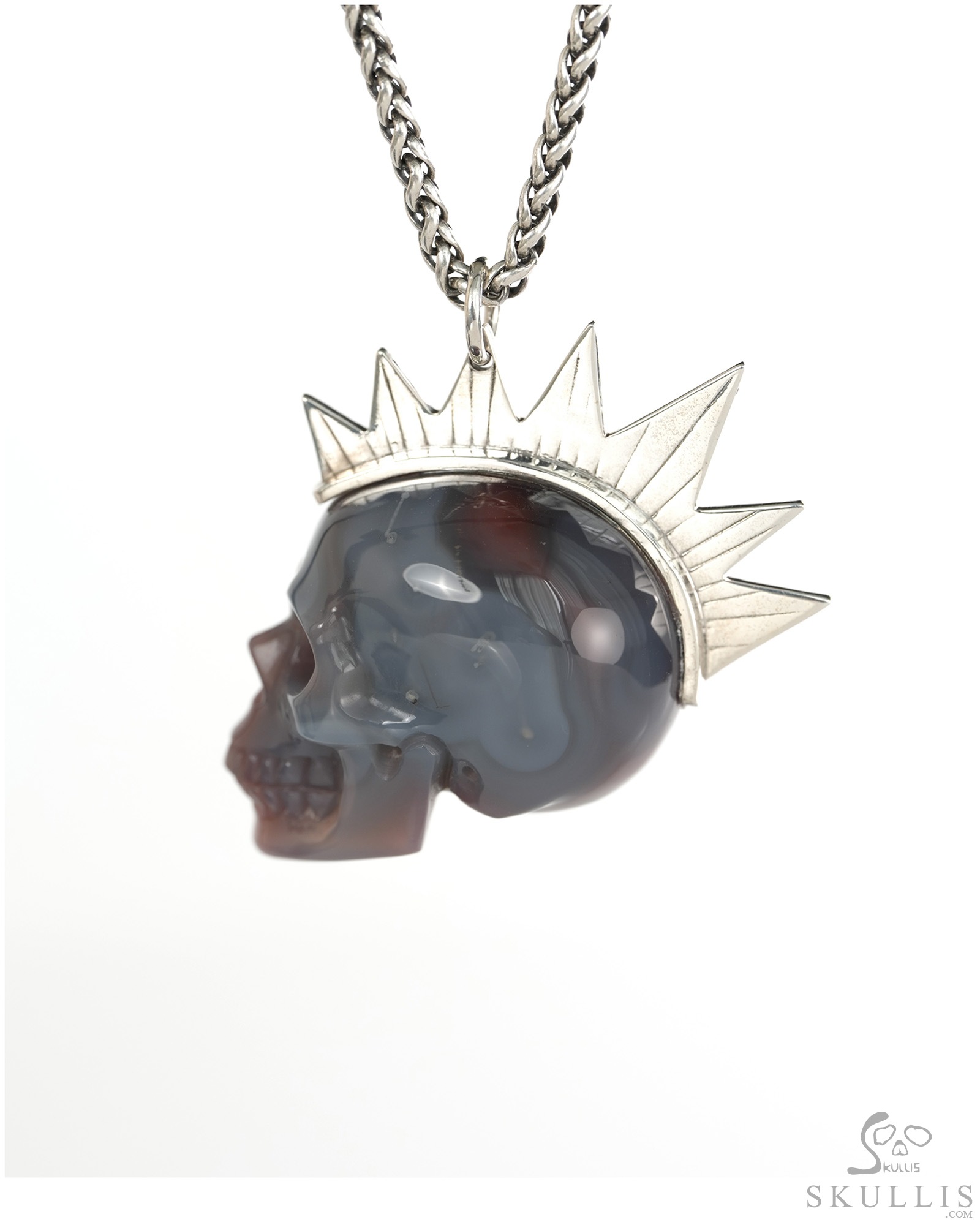 1.8" Mozambique Agate Hand Carved Crystal Skull with Punk Hair in Sterling Silver Pendant, Crystal Healing Skull Jewelry, for Women & Men 1.8" Mozambique Agate Hand Carved Crystal Skull with Punk Hair in Sterling Silver Pendant, Crystal Healing Skull Jewelry, for Women & Men