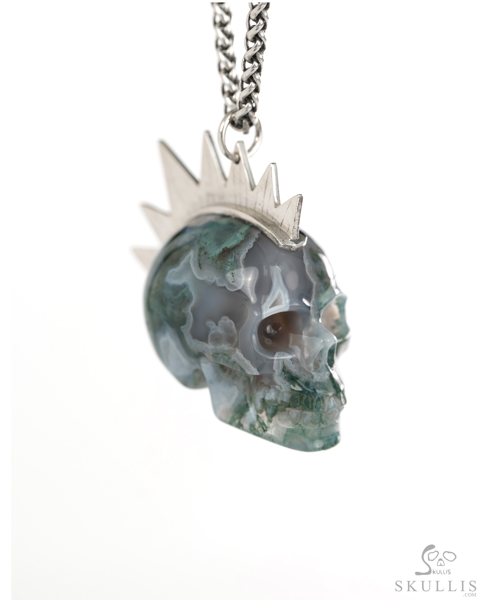1.8" Green Moss Agate Hand Carved Crystal Skull with Punk Hair in Sterling Silver Pendant, Crystal Healing Skull Jewelry, for Women & Men 1.8" Green Moss Agate Hand Carved Crystal Skull with Punk Hair in Sterling Silver Pendant, Crystal Healing Skull Jewelry, for Women & Men