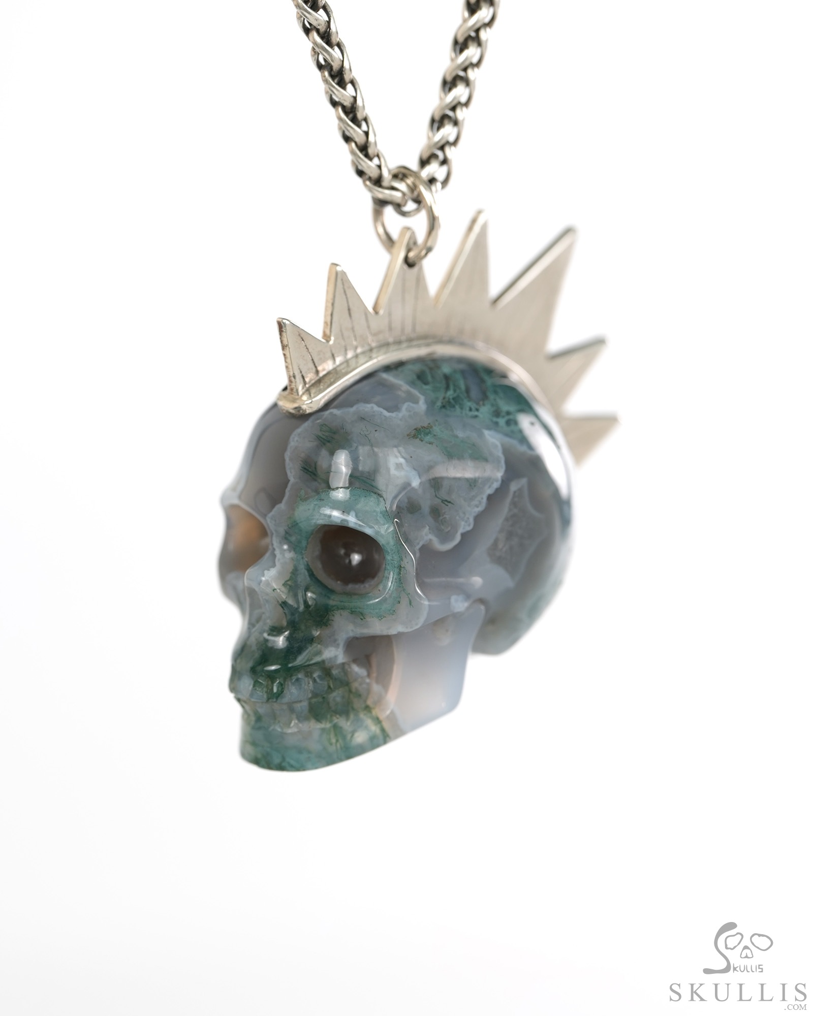 1.8" Green Moss Agate Hand Carved Crystal Skull with Punk Hair in Sterling Silver Pendant, Crystal Healing Skull Jewelry, for Women & Men 1.8" Green Moss Agate Hand Carved Crystal Skull with Punk Hair in Sterling Silver Pendant, Crystal Healing Skull Jewelry, for Women & Men