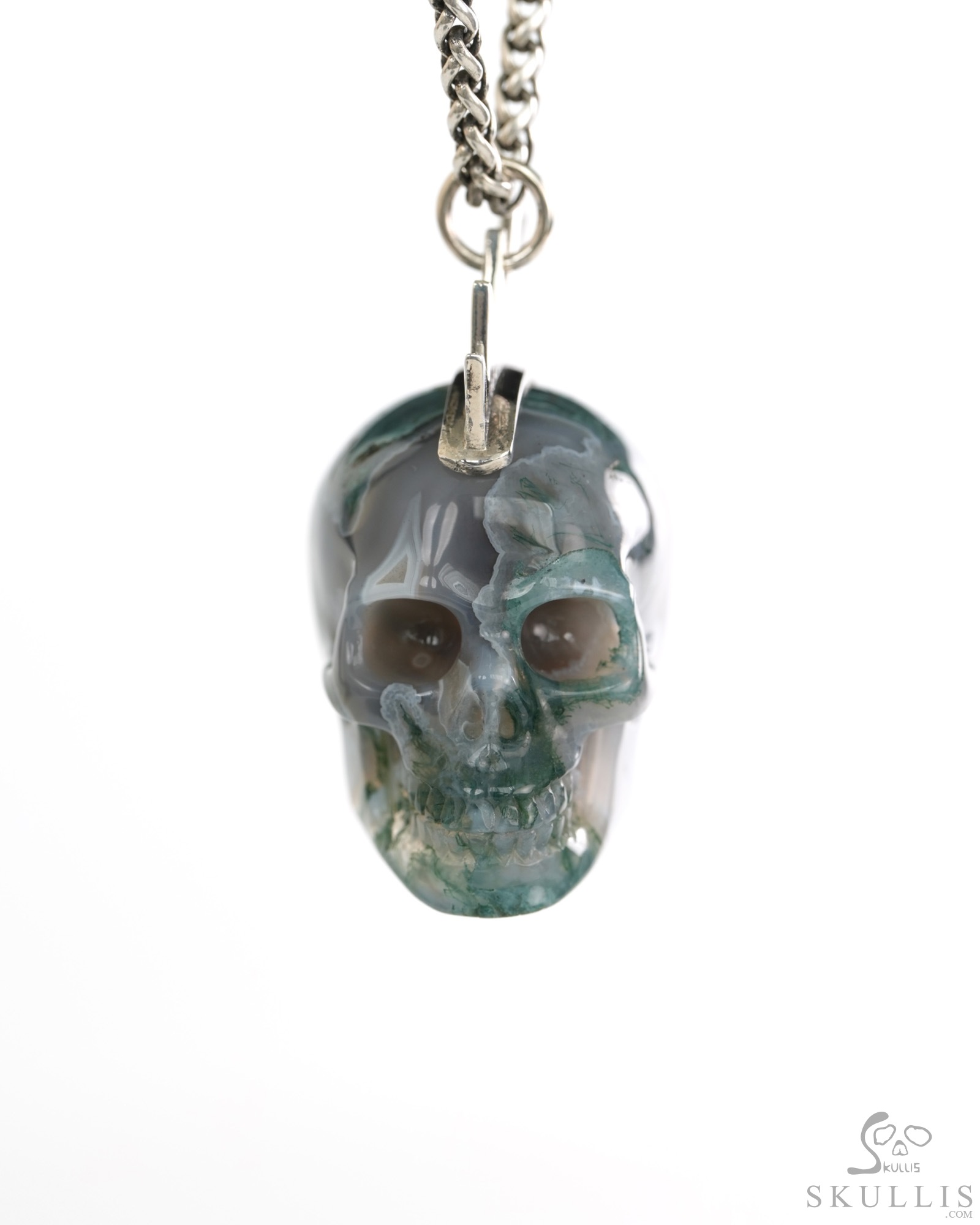 1.8" Green Moss Agate Hand Carved Crystal Skull with Punk Hair in Sterling Silver Pendant, Crystal Healing Skull Jewelry, for Women & Men 1.8" Green Moss Agate Hand Carved Crystal Skull with Punk Hair in Sterling Silver Pendant, Crystal Healing Skull Jewelry, for Women & Men