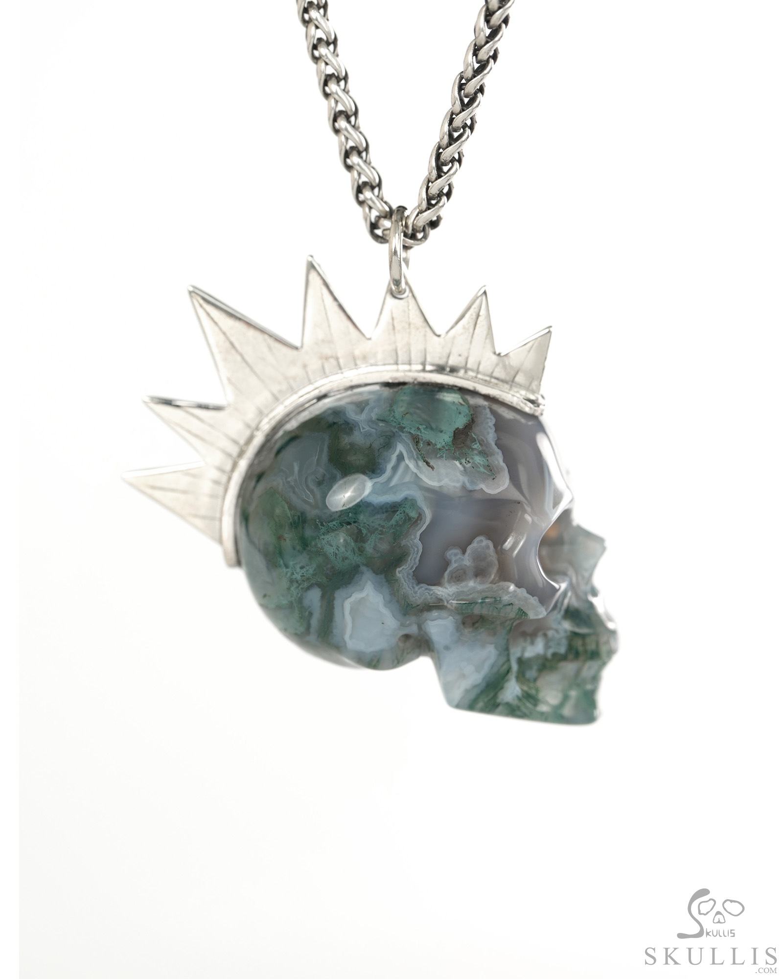 1.8" Green Moss Agate Hand Carved Crystal Skull with Punk Hair in Sterling Silver Pendant, Crystal Healing Skull Jewelry, for Women & Men 1.8" Green Moss Agate Hand Carved Crystal Skull with Punk Hair in Sterling Silver Pendant, Crystal Healing Skull Jewelry, for Women & Men