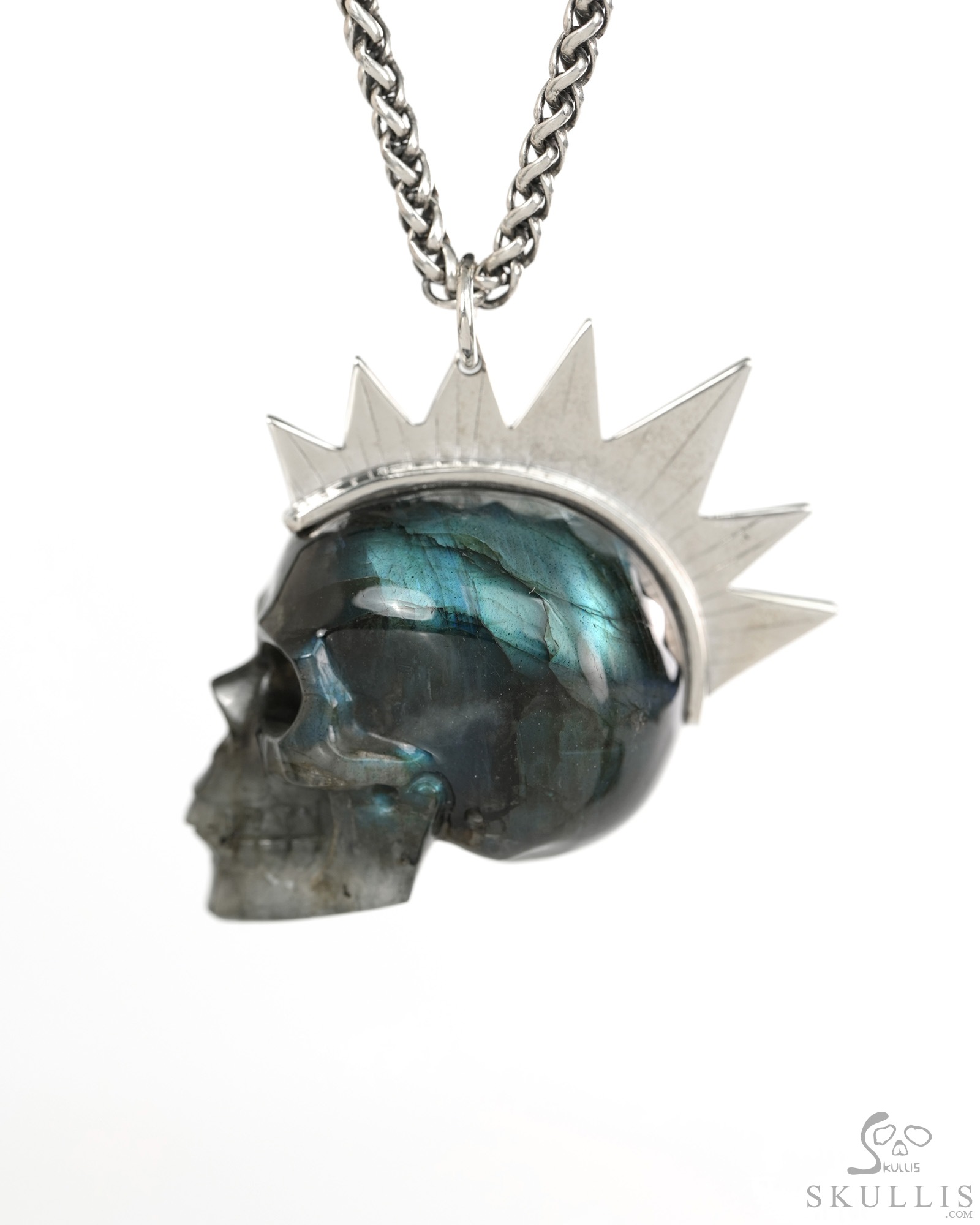 1.8" Labradorite Hand Carved Crystal Skull with Punk Hair in Sterling Silver Pendant, Crystal Healing Skull Jewelry, for Women & Men 1.8" Labradorite Hand Carved Crystal Skull with Punk Hair in Sterling Silver Pendant, Crystal Healing Skull Jewelry, for Women & Men