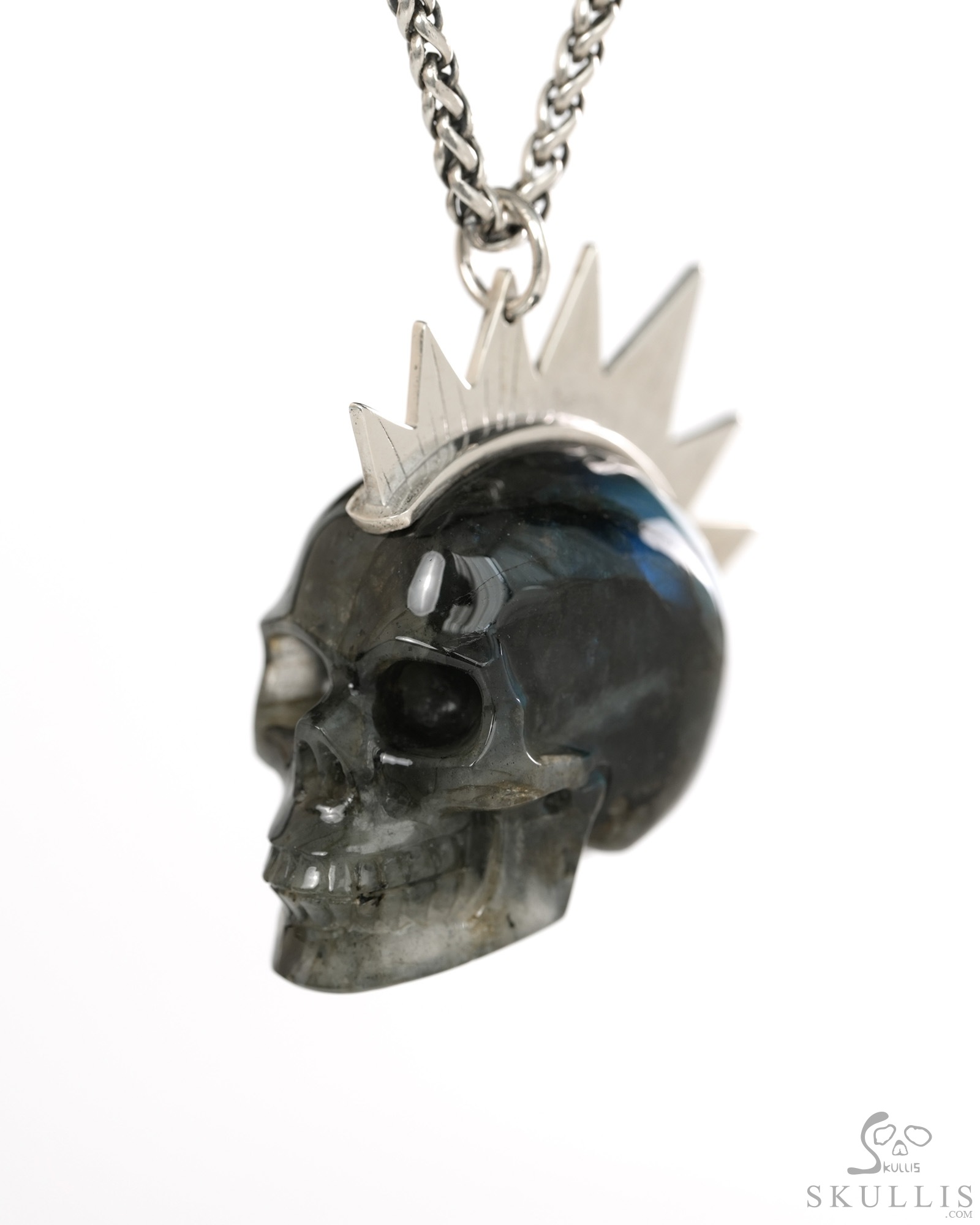 1.8" Labradorite Hand Carved Crystal Skull with Punk Hair in Sterling Silver Pendant, Crystal Healing Skull Jewelry, for Women & Men 1.8" Labradorite Hand Carved Crystal Skull with Punk Hair in Sterling Silver Pendant, Crystal Healing Skull Jewelry, for Women & Men