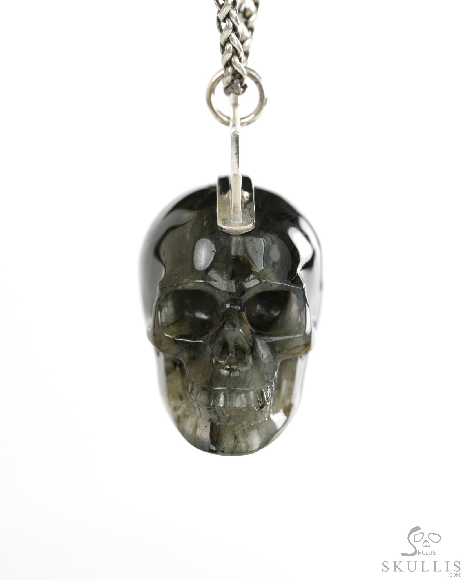 1.8" Labradorite Hand Carved Crystal Skull with Punk Hair in Sterling Silver Pendant, Crystal Healing Skull Jewelry, for Women & Men 1.8" Labradorite Hand Carved Crystal Skull with Punk Hair in Sterling Silver Pendant, Crystal Healing Skull Jewelry, for Women & Men