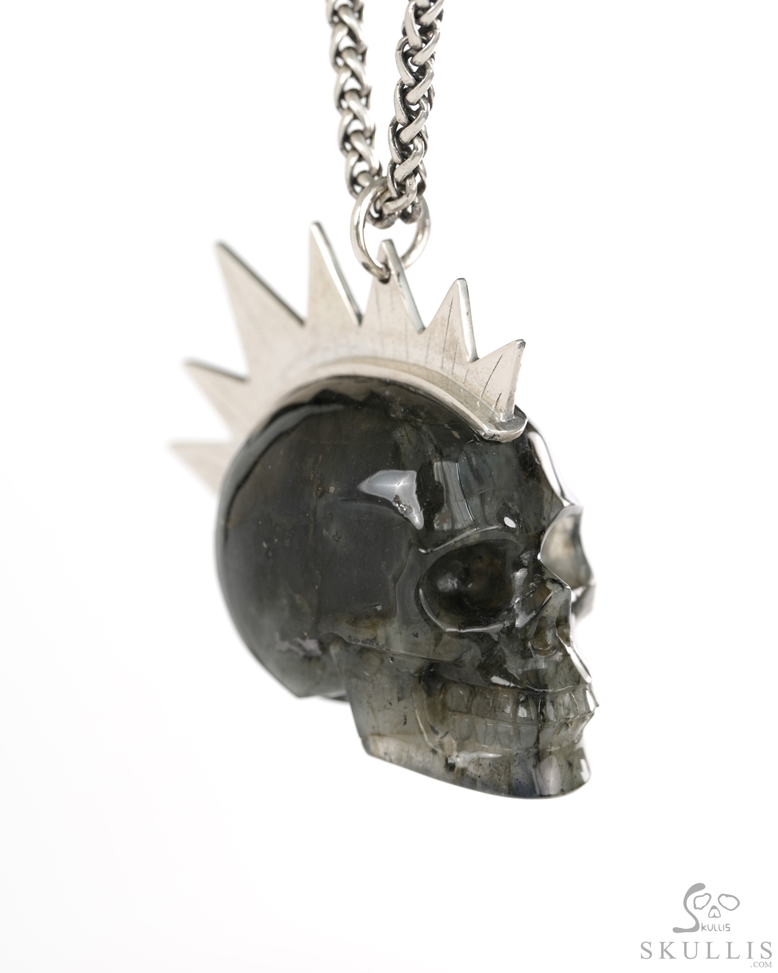 1.8" Labradorite Hand Carved Crystal Skull with Punk Hair in Sterling Silver Pendant, Crystal Healing Skull Jewelry, for Women & Men 1.8" Labradorite Hand Carved Crystal Skull with Punk Hair in Sterling Silver Pendant, Crystal Healing Skull Jewelry, for Women & Men