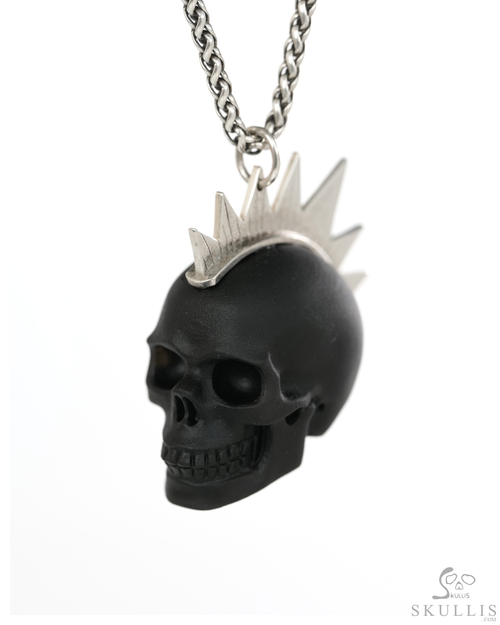 1.8" Frosted Black Obsidian Crystal Hand Carved Skull with Punk Hair in Sterling Silver, Crystal Healing Skull Jewelry, for Women & Men 1.8" Frosted Black Obsidian Crystal Hand Carved Skull with Punk Hair in Sterling Silver, Crystal Healing Skull Jewelry, for Women & Men