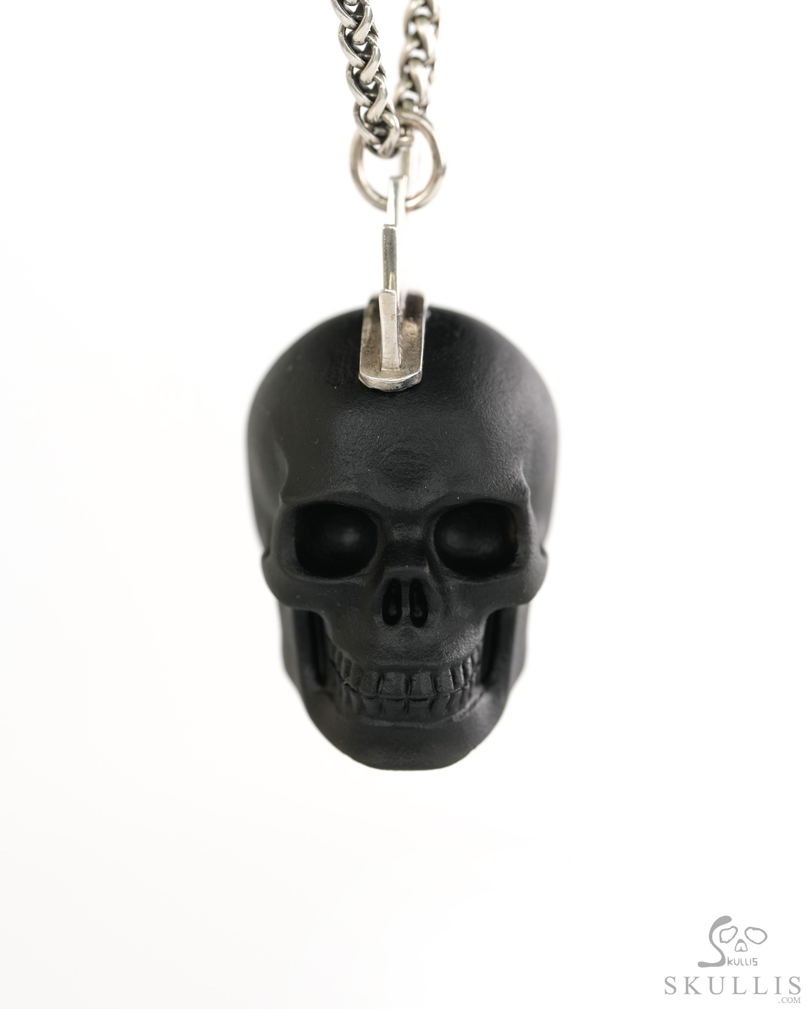 1.8" Frosted Black Obsidian Crystal Hand Carved Skull with Punk Hair in Sterling Silver, Crystal Healing Skull Jewelry, for Women & Men 1.8" Frosted Black Obsidian Crystal Hand Carved Skull with Punk Hair in Sterling Silver, Crystal Healing Skull Jewelry, for Women & Men