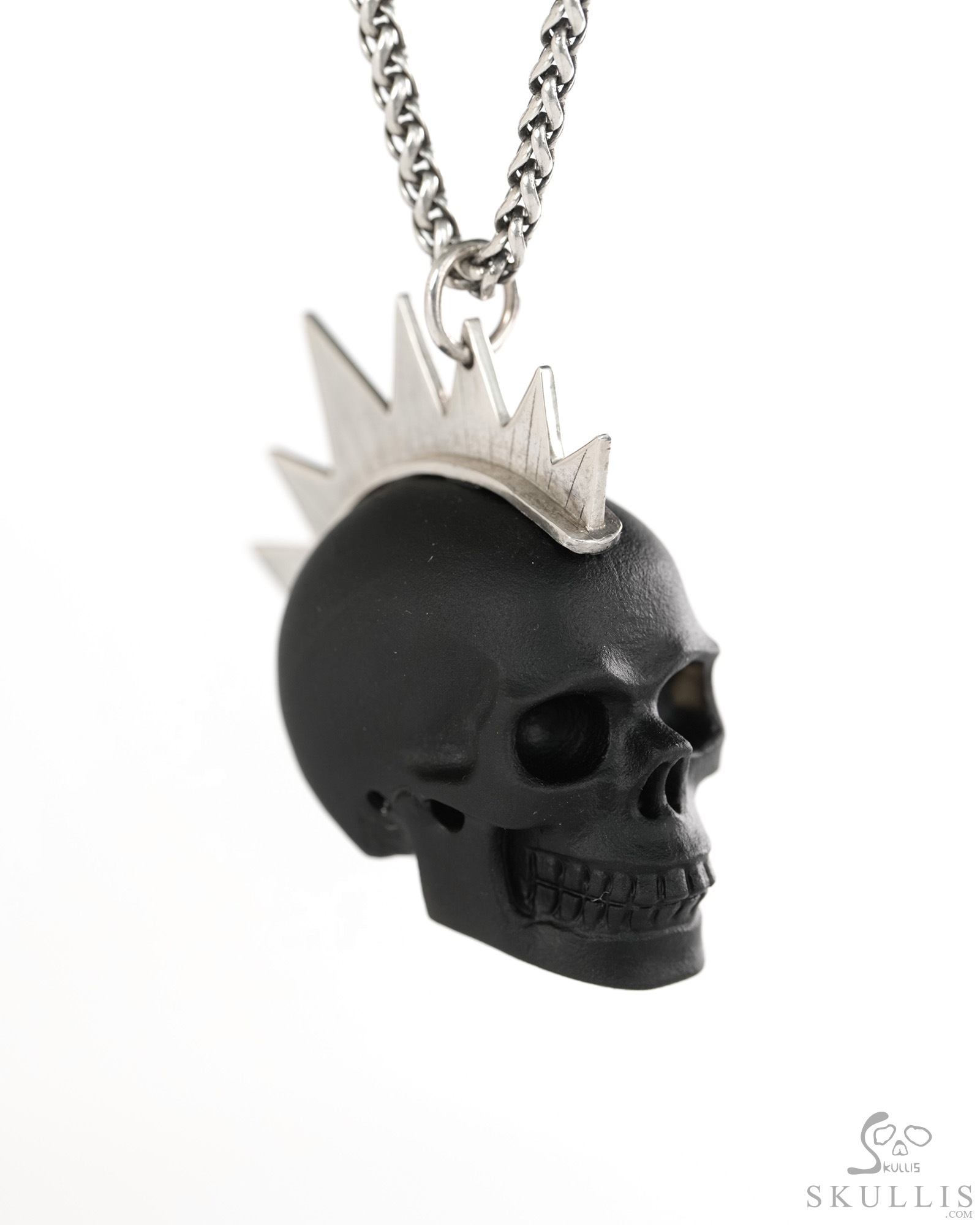 1.8" Frosted Black Obsidian Crystal Hand Carved Skull with Punk Hair in Sterling Silver, Crystal Healing Skull Jewelry, for Women & Men 1.8" Frosted Black Obsidian Crystal Hand Carved Skull with Punk Hair in Sterling Silver, Crystal Healing Skull Jewelry, for Women & Men