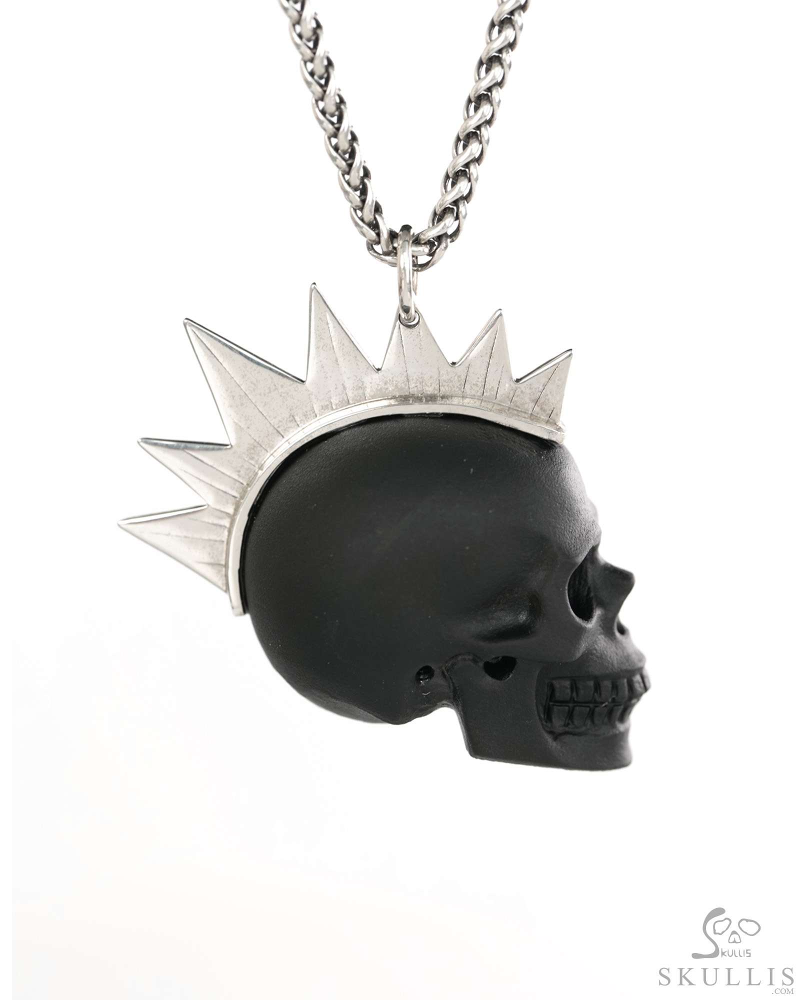 1.8" Frosted Black Obsidian Crystal Hand Carved Skull with Punk Hair in Sterling Silver, Crystal Healing Skull Jewelry, for Women & Men 1.8" Frosted Black Obsidian Crystal Hand Carved Skull with Punk Hair in Sterling Silver, Crystal Healing Skull Jewelry, for Women & Men