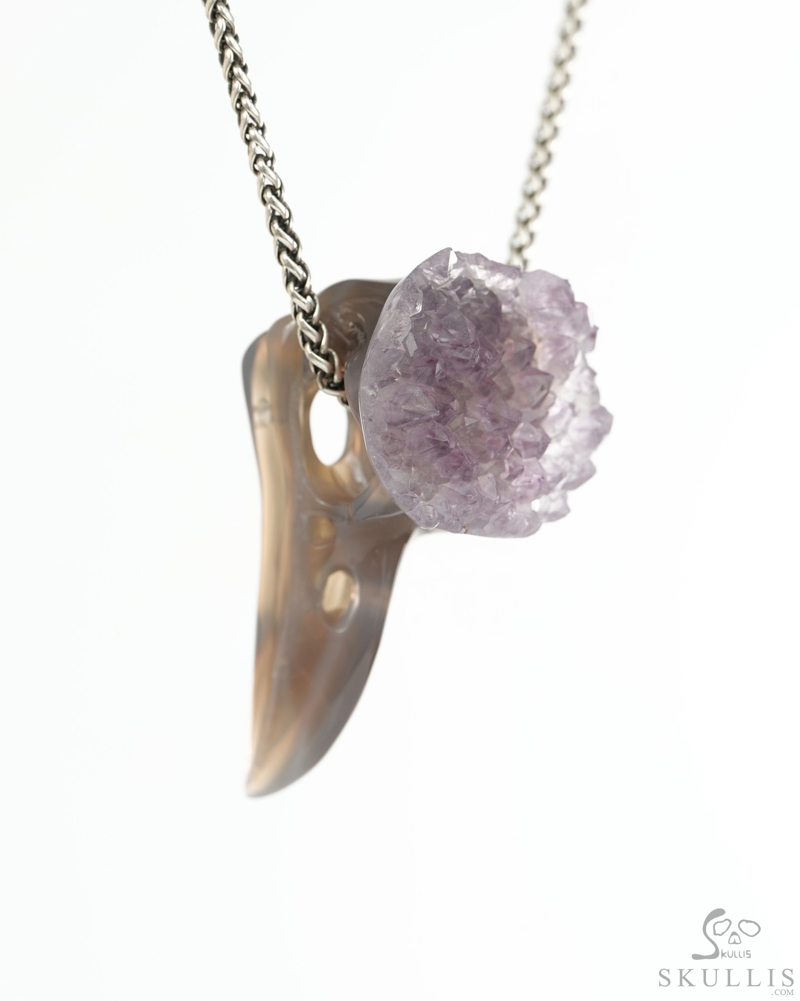 Night Pathfinder - 2.4" Amethyst & Agate Hand Carved Crystal Raven Skull Pendant, Crystal Healing Skull Jewelry, for Women & Men Night Pathfinder - 2.4" Amethyst & Agate Hand Carved Crystal Raven Skull Pendant, Crystal Healing Skull Jewelry, for Women & Men