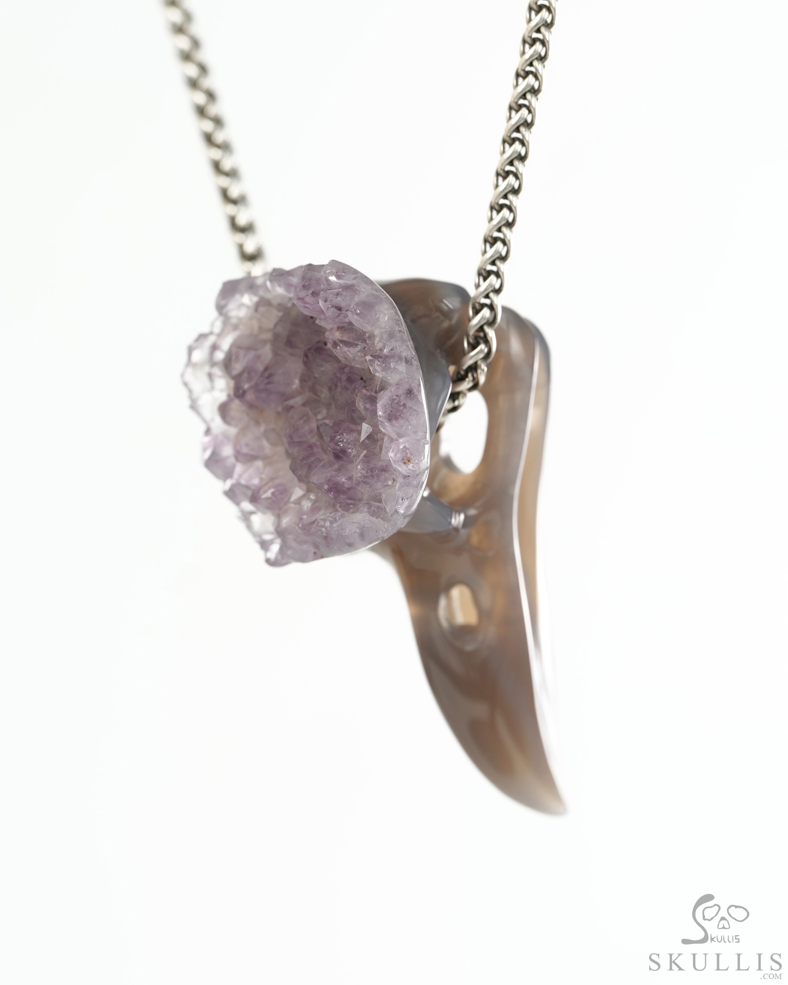 Night Pathfinder - 2.4" Amethyst & Agate Hand Carved Crystal Raven Skull Pendant, Crystal Healing Skull Jewelry, for Women & Men Night Pathfinder - 2.4" Amethyst & Agate Hand Carved Crystal Raven Skull Pendant, Crystal Healing Skull Jewelry, for Women & Men