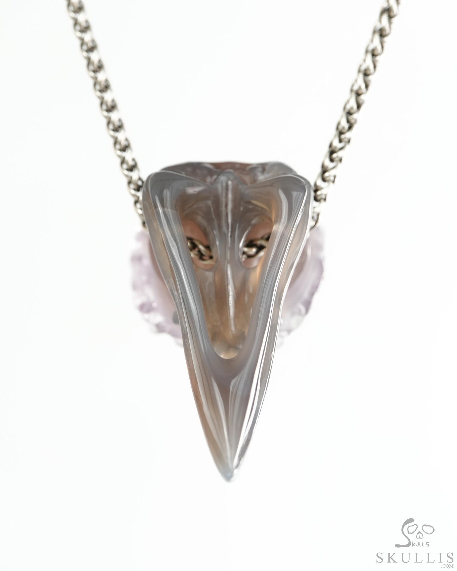 Night Pathfinder - 2.4" Amethyst & Agate Hand Carved Crystal Raven Skull Pendant, Crystal Healing Skull Jewelry, for Women & Men Night Pathfinder - 2.4" Amethyst & Agate Hand Carved Crystal Raven Skull Pendant, Crystal Healing Skull Jewelry, for Women & Men