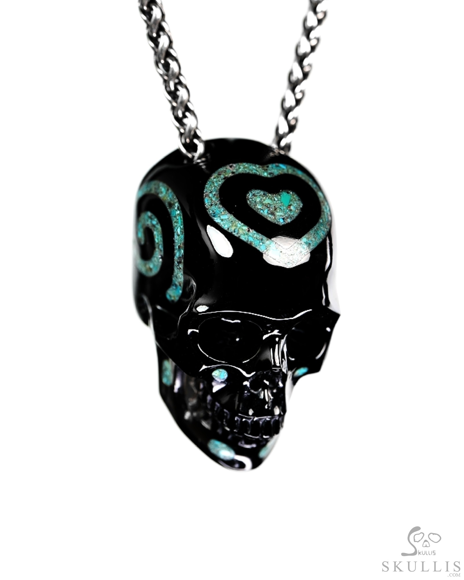 Ink & Sea - 1.4" Black Obsidian & Turquoise Inlaid Hand Carved Crystal Skull Pendant, Crystal Healing Skull Jewelry Ink & Sea - 1.4" Black Obsidian & Turquoise Inlaid Hand Carved Crystal Skull Pendant, Crystal Healing Skull Jewelry