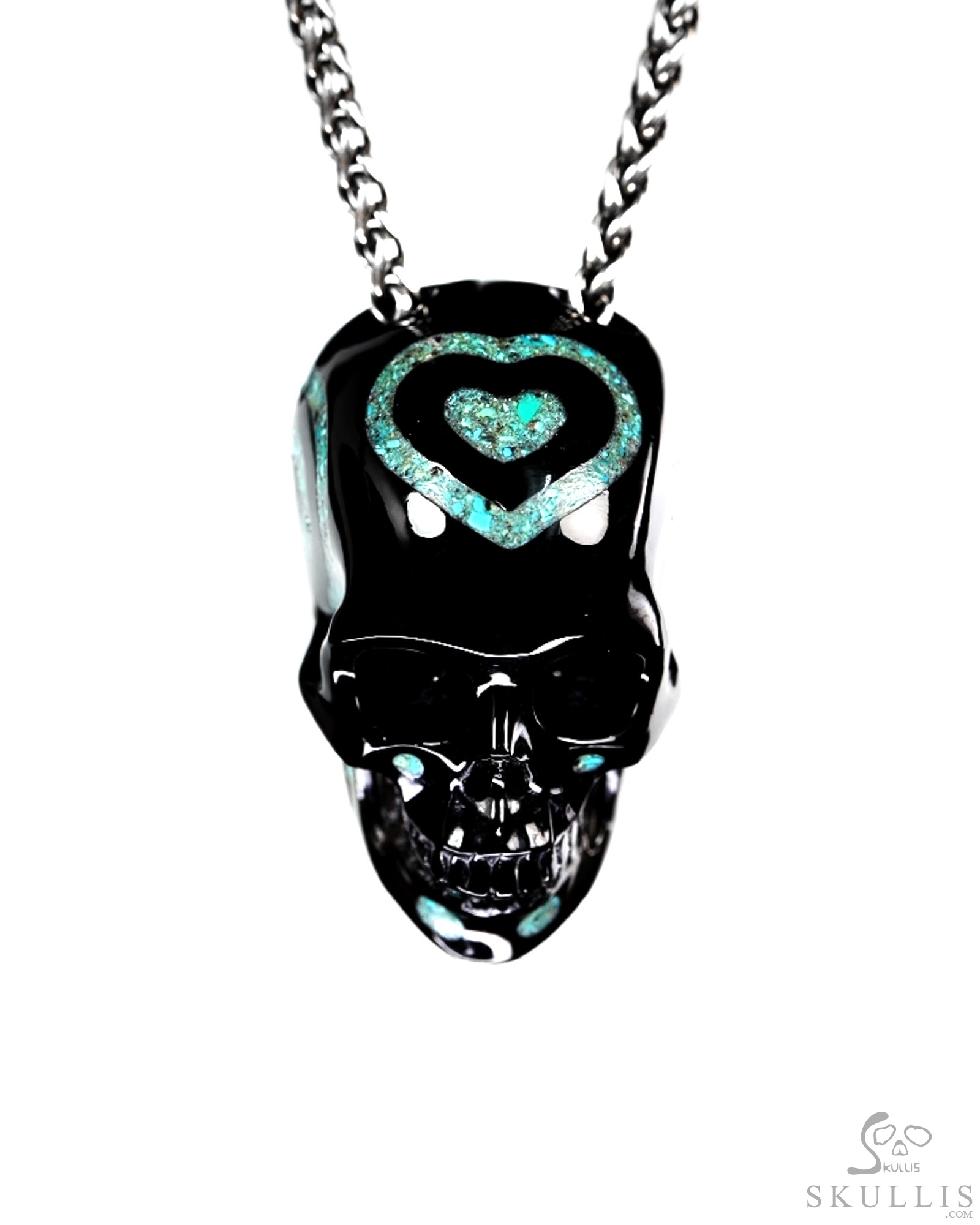 Ink & Sea - 1.4" Black Obsidian & Turquoise Inlaid Hand Carved Crystal Skull Pendant, Crystal Healing Skull Jewelry Ink & Sea - 1.4" Black Obsidian & Turquoise Inlaid Hand Carved Crystal Skull Pendant, Crystal Healing Skull Jewelry