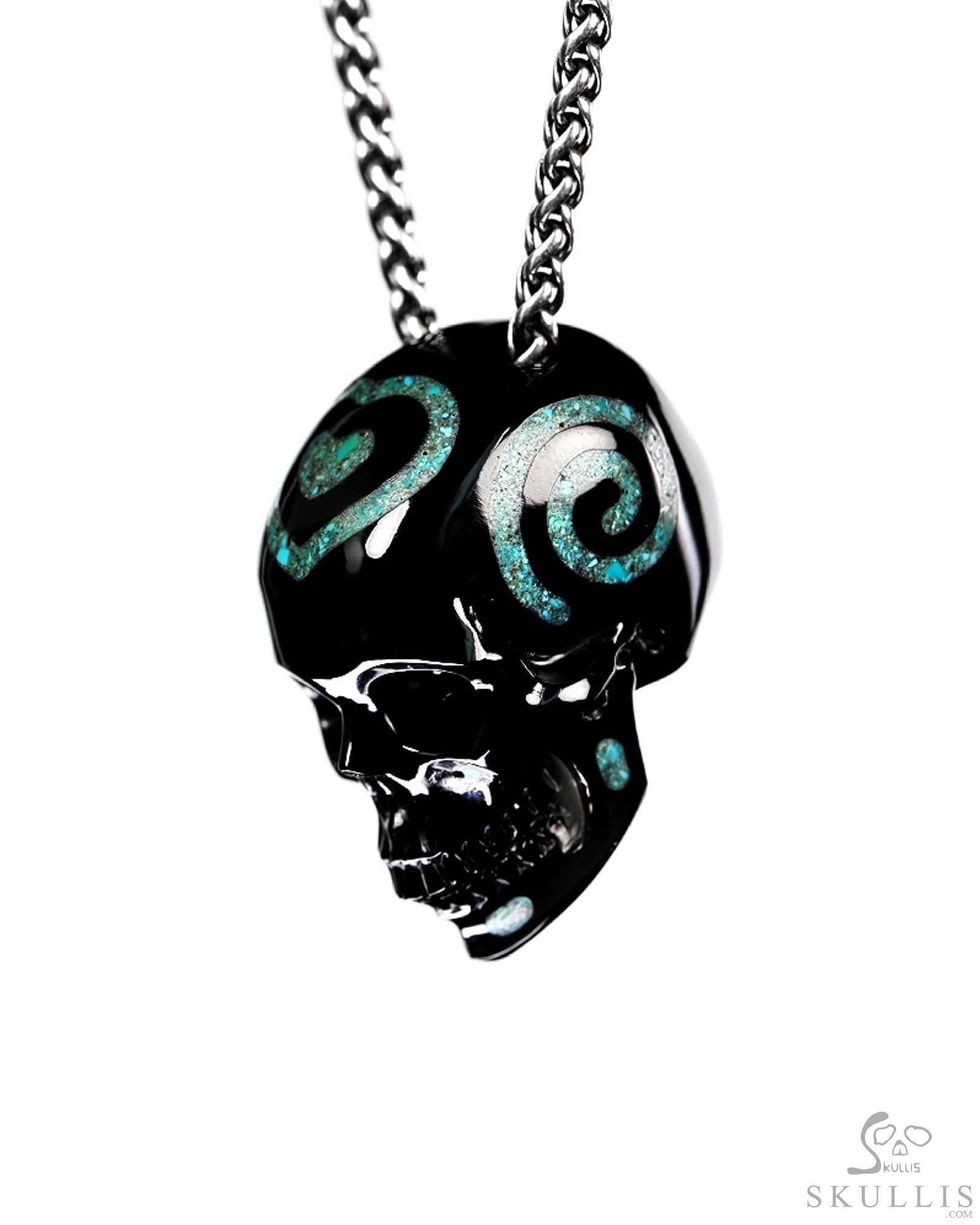 Ink & Sea - 1.4" Black Obsidian & Turquoise Inlaid Hand Carved Crystal Skull Pendant, Crystal Healing Skull Jewelry Ink & Sea - 1.4" Black Obsidian & Turquoise Inlaid Hand Carved Crystal Skull Pendant, Crystal Healing Skull Jewelry