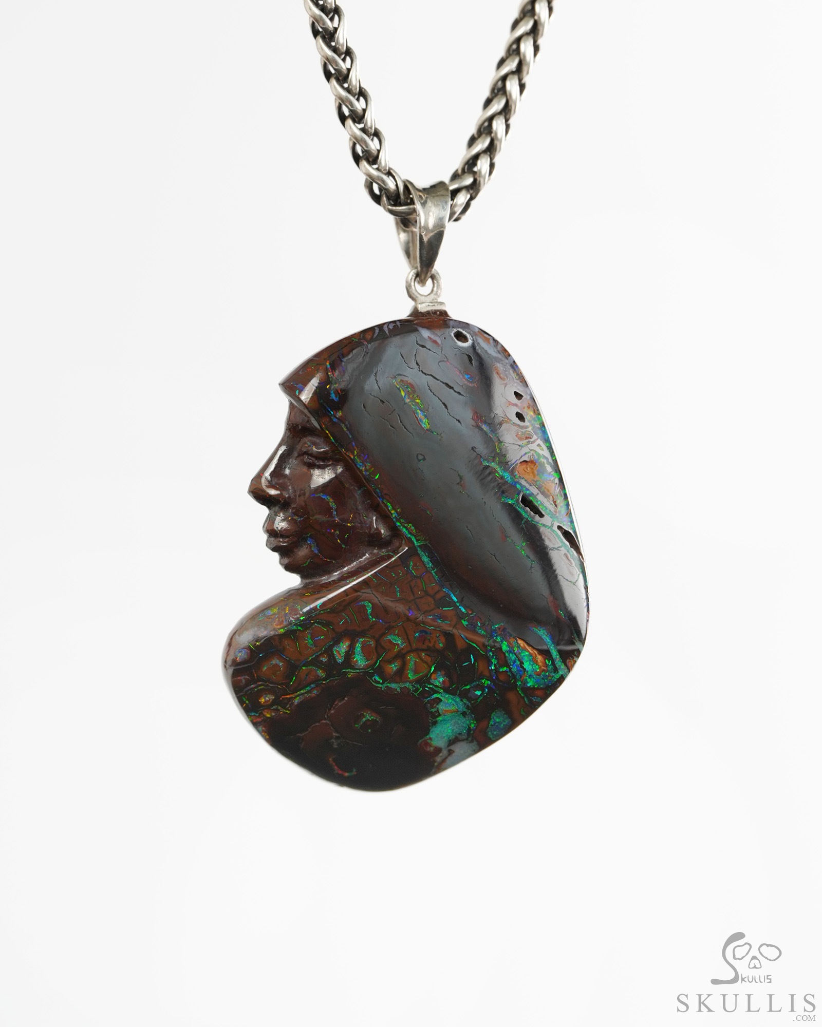 Necklace of 1.6" Ammolite Hand Carved Crystal Skull Pendant, Crystal Healing Skull Jewelry, for Women & Men Necklace of 1.6" Ammolite Hand Carved Crystal Skull Pendant, Crystal Healing Skull Jewelry, for Women & Men