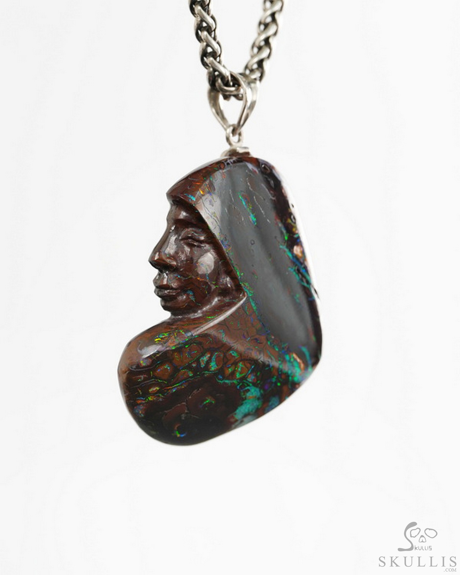 Necklace of 1.6" Ammolite Hand Carved Crystal Skull Pendant, Crystal Healing Skull Jewelry, for Women & Men Necklace of 1.6" Ammolite Hand Carved Crystal Skull Pendant, Crystal Healing Skull Jewelry, for Women & Men