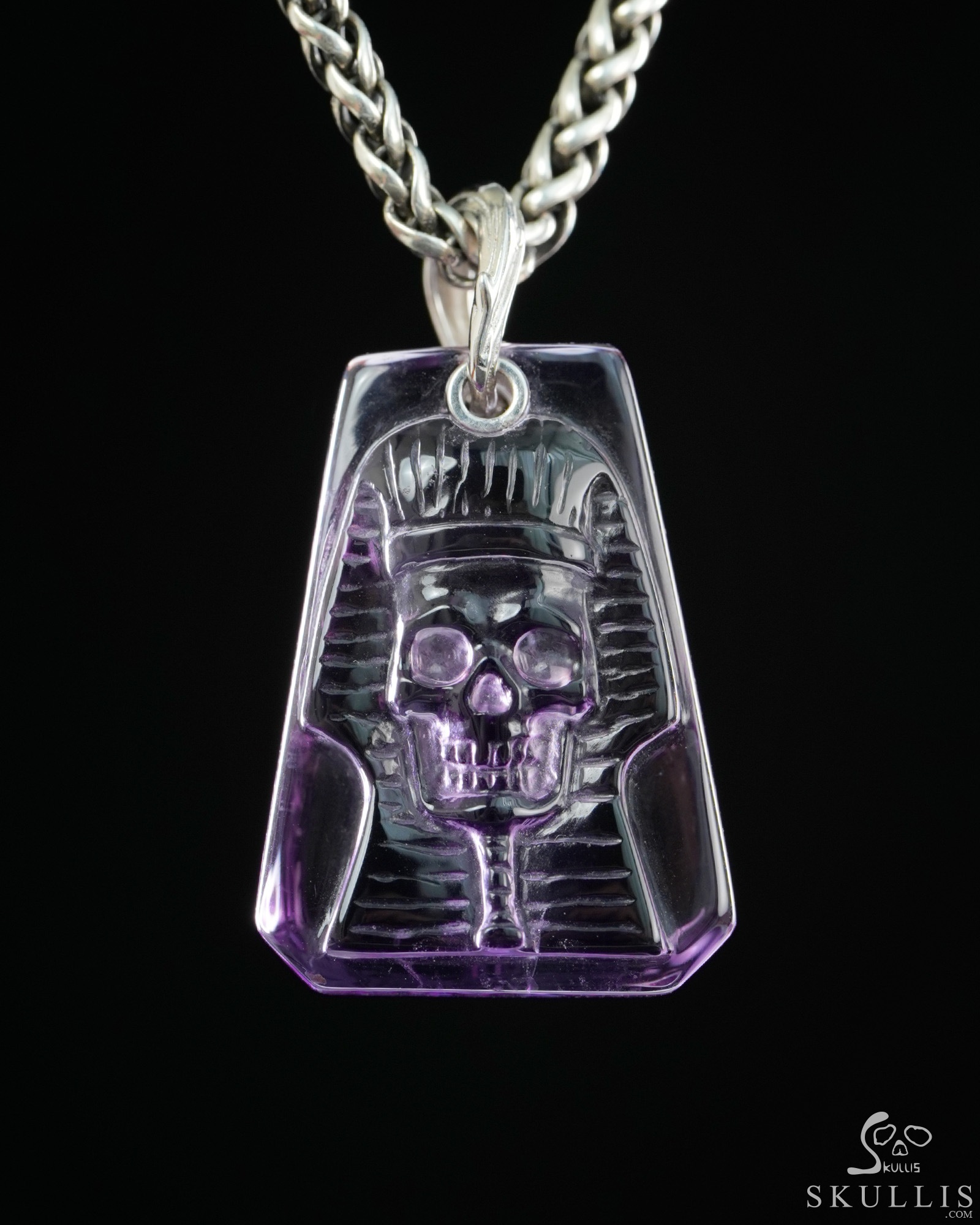 Gemstone Necklace of 1.1" Amethyst Hand Carved Crystal Pharaoh Skull Pendant, Crystal Healing Skull Jewelry, for Women & Men Gemstone Necklace of 1.1" Amethyst Hand Carved Crystal Pharaoh Skull Pendant, Crystal Healing Skull Jewelry, for Women & Men