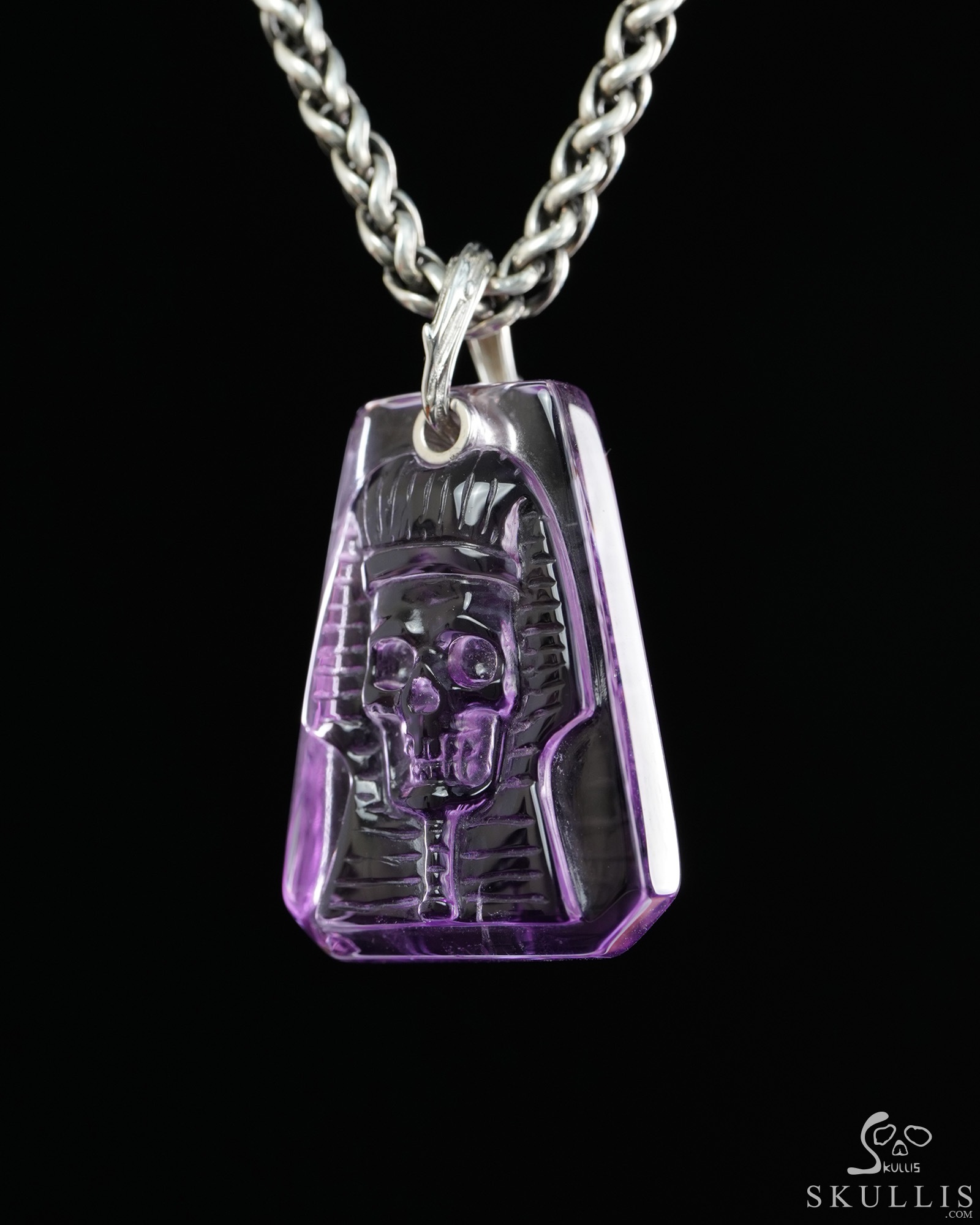 Gemstone Necklace of 1.1" Amethyst Hand Carved Crystal Pharaoh Skull Pendant, Crystal Healing Skull Jewelry, for Women & Men Gemstone Necklace of 1.1" Amethyst Hand Carved Crystal Pharaoh Skull Pendant, Crystal Healing Skull Jewelry, for Women & Men