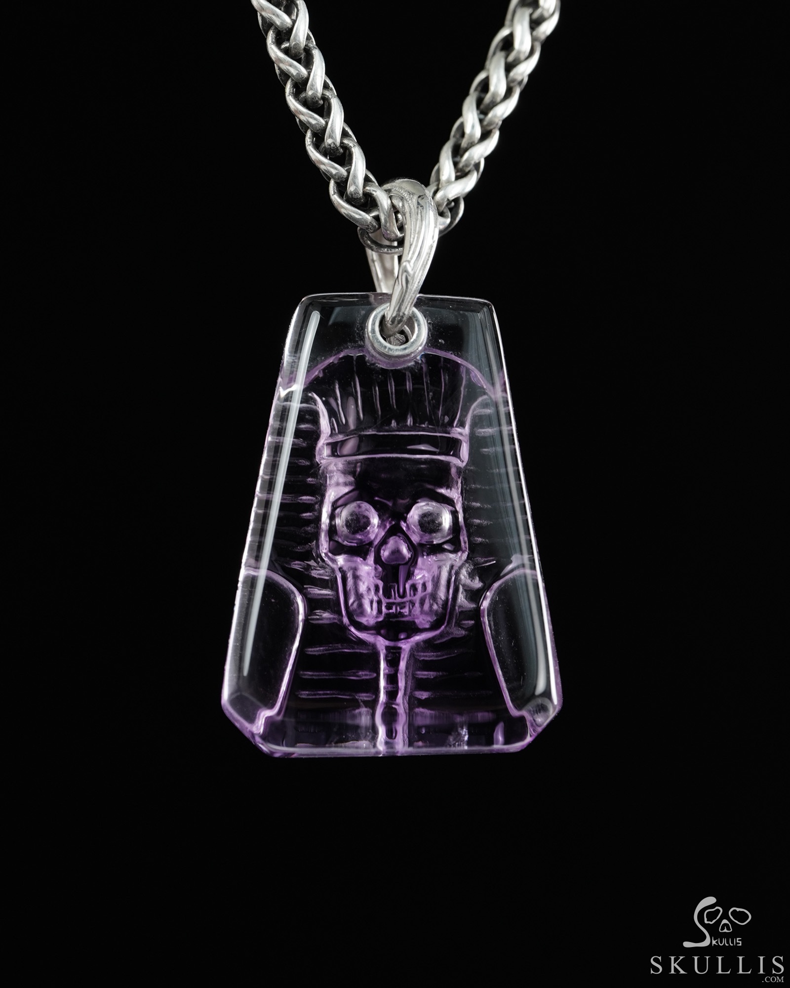 Gemstone Necklace of 1.1" Amethyst Hand Carved Crystal Pharaoh Skull Pendant, Crystal Healing Skull Jewelry, for Women & Men Gemstone Necklace of 1.1" Amethyst Hand Carved Crystal Pharaoh Skull Pendant, Crystal Healing Skull Jewelry, for Women & Men