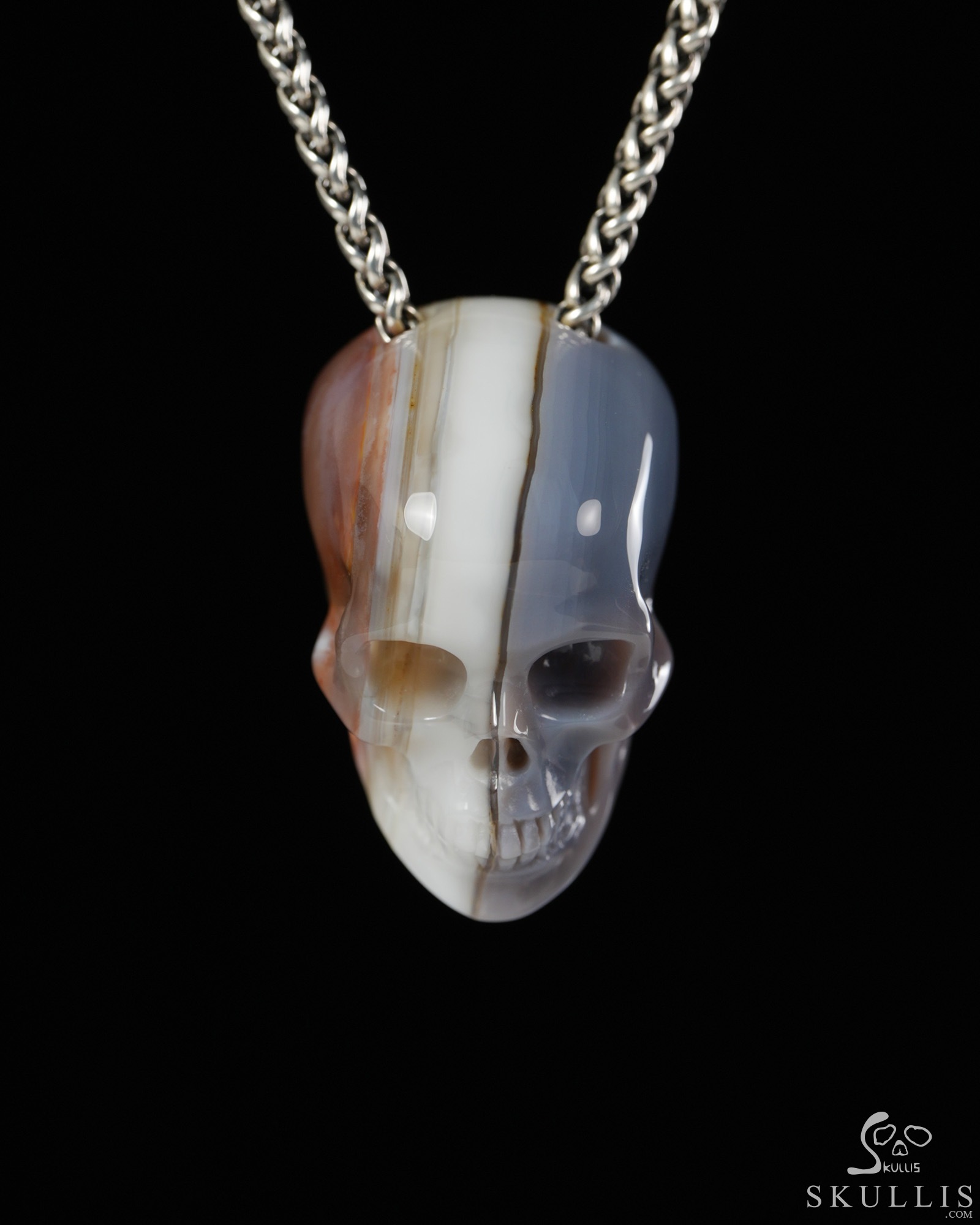 Hollow Essence - 1.4" Mozambique Agate Hand Carved Crystal Skull Pendant, Crystal Healing Skull Jewelry, for Women & Men Hollow Essence - 1.4" Mozambique Agate Hand Carved Crystal Skull Pendant, Crystal Healing Skull Jewelry, for Women & Men